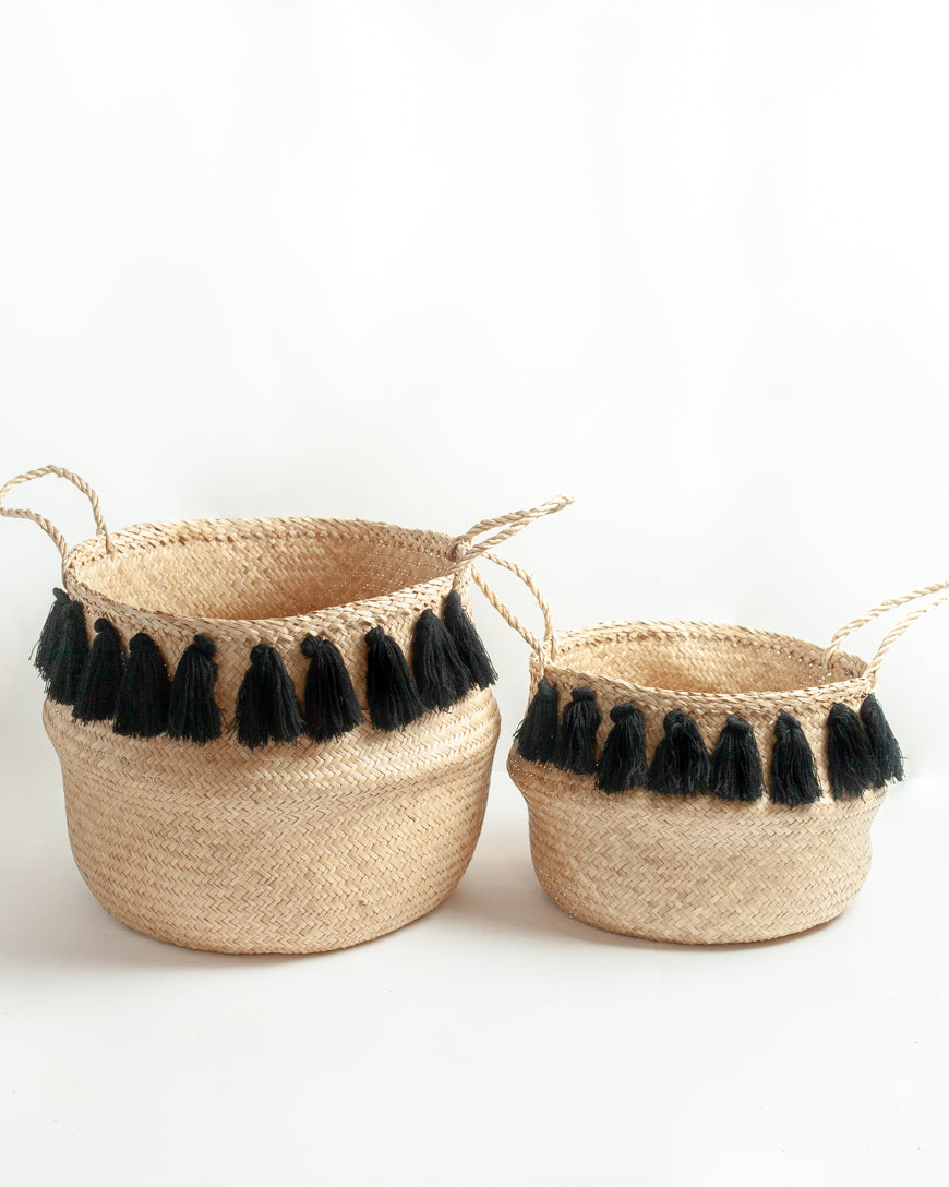 Hand-Woven Black Tasseled Belly Baskets