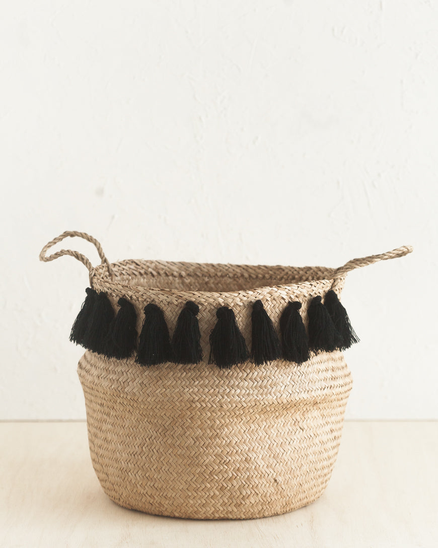 Hand-Woven Black Tasseled Belly Baskets