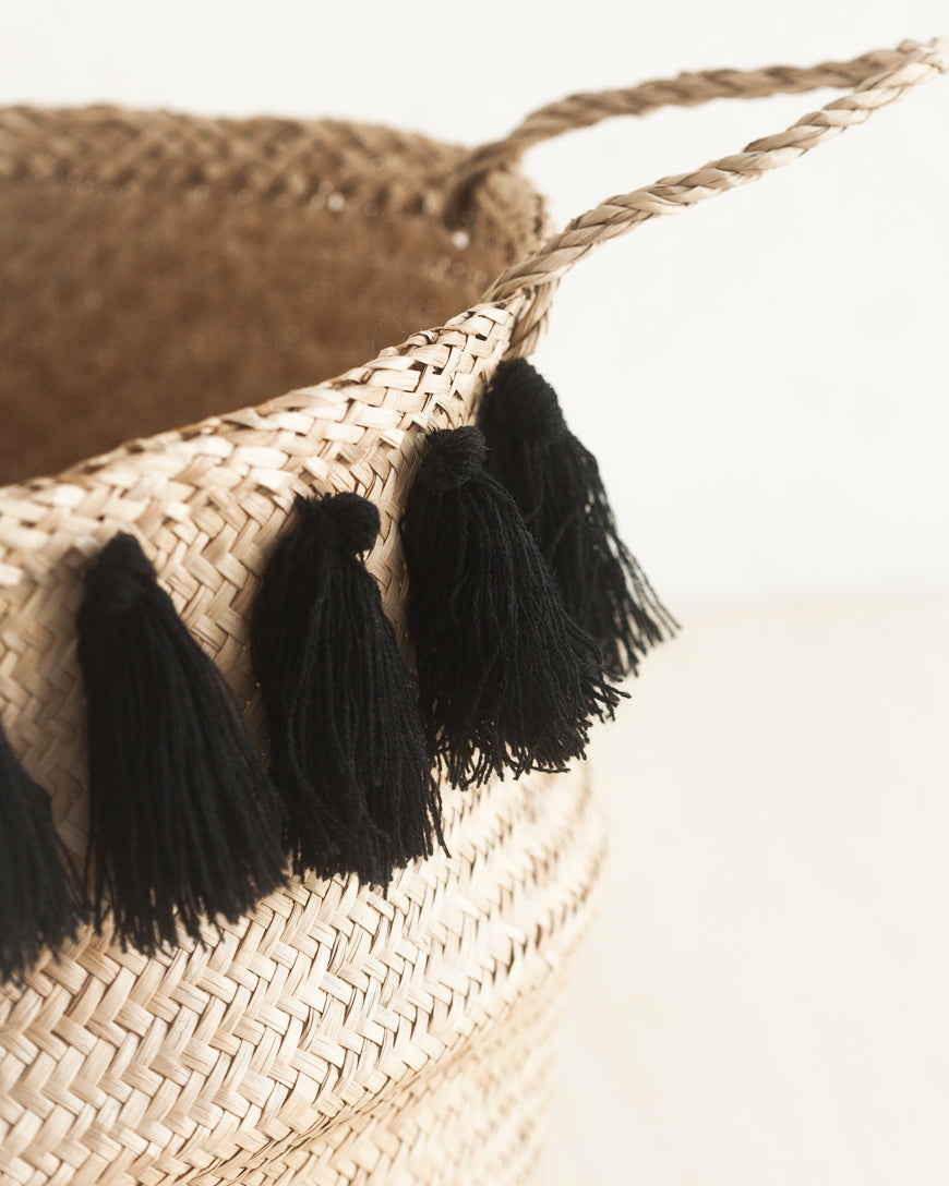 Hand-Woven Black Tasseled Belly Baskets