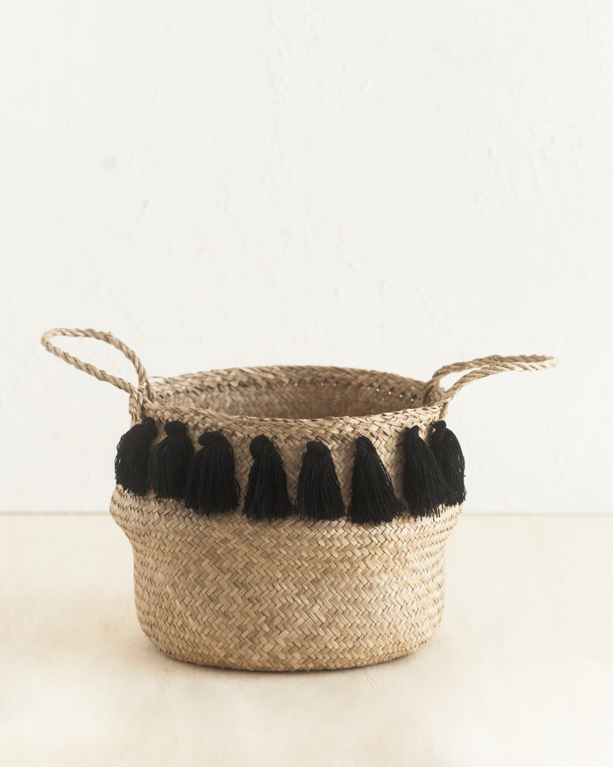 Hand-Woven Black Tasseled Belly Baskets