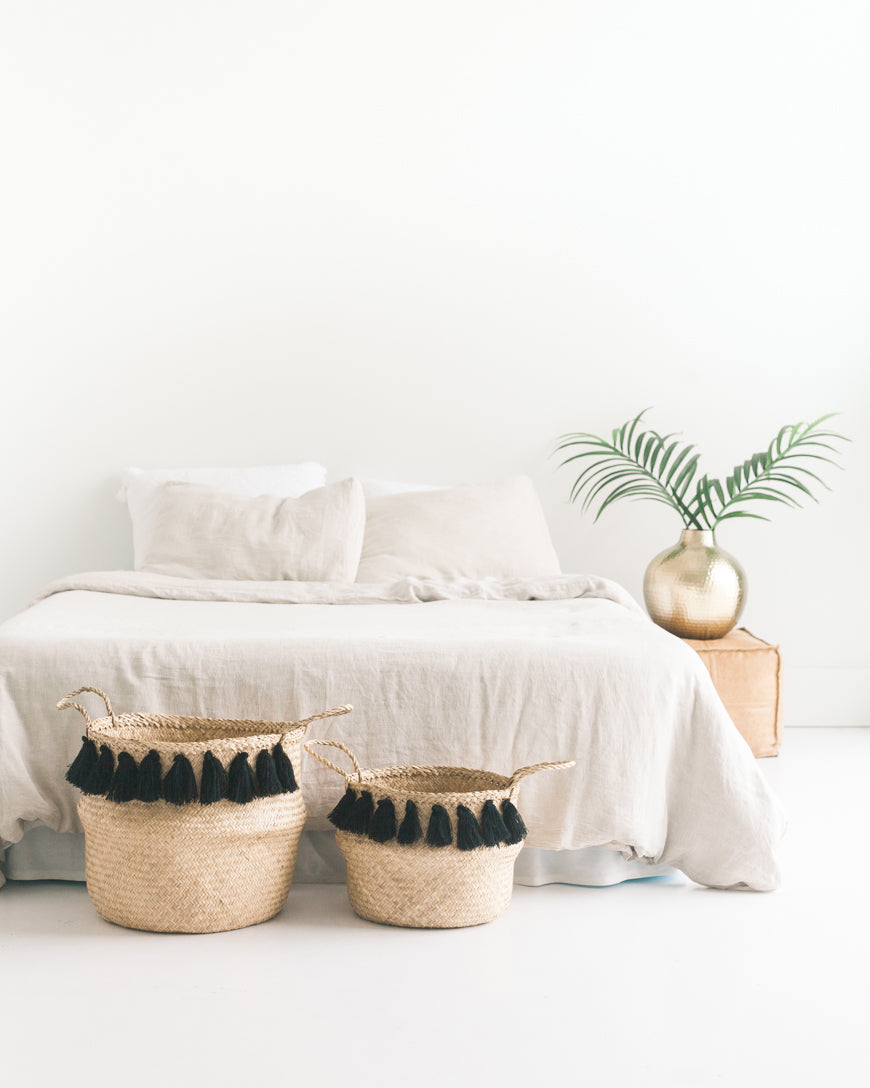 Hand-Woven Black Tasseled Belly Baskets