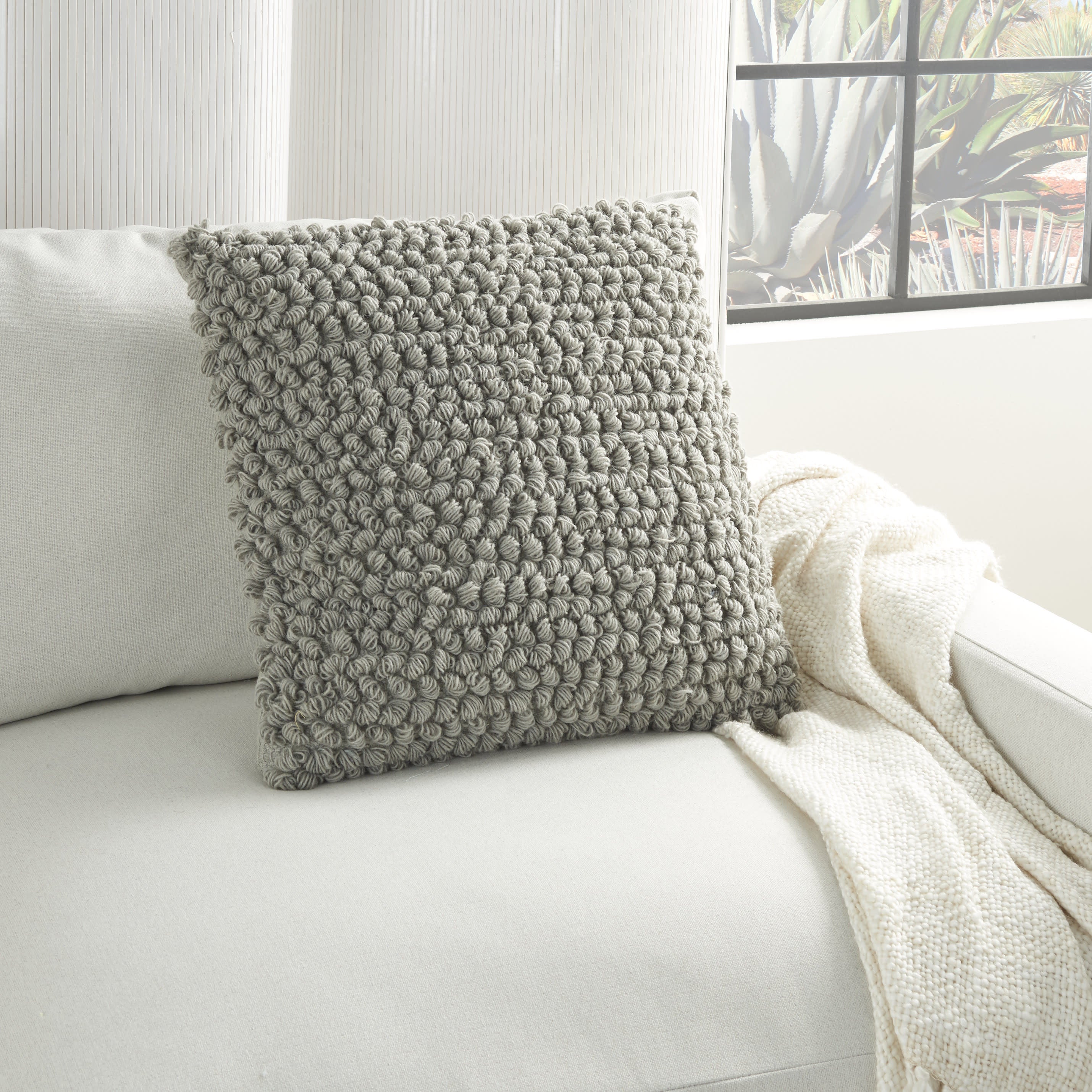 20" Light Gray Cotton-Blend Curly Loops Throw Pillow