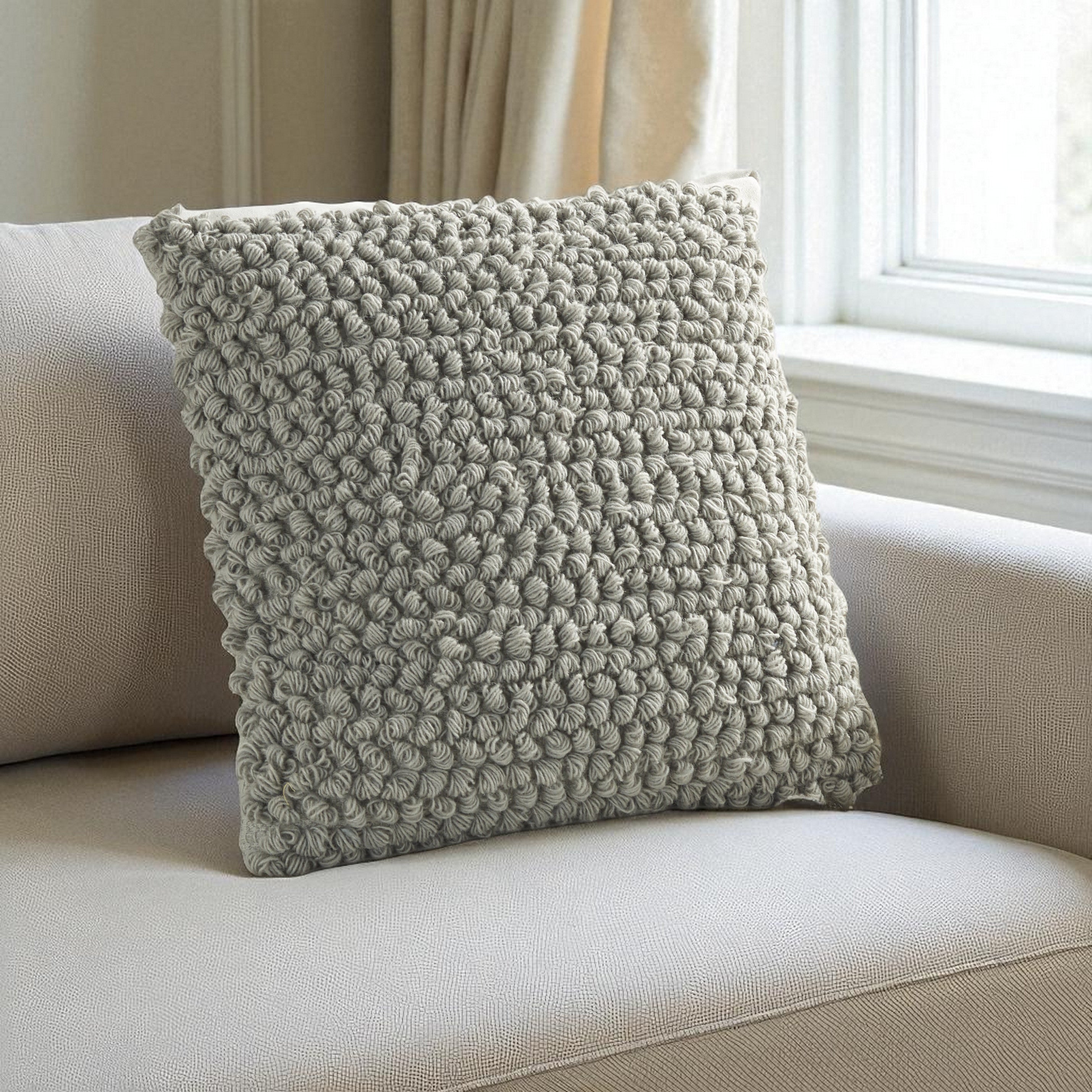 20" Light Gray Cotton-Blend Curly Loops Throw Pillow