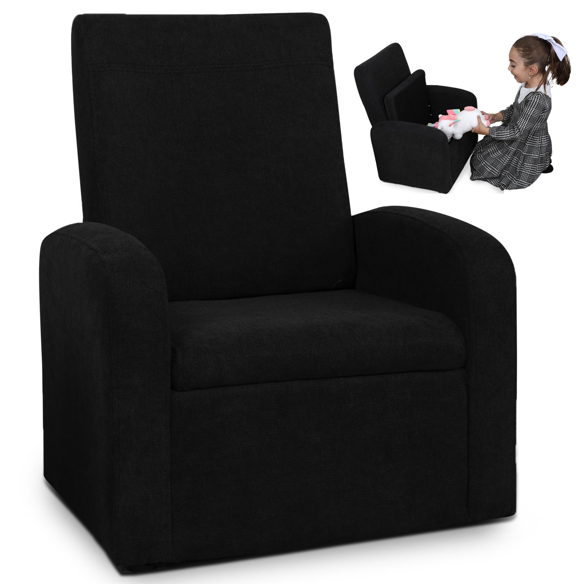 Folding Kids Sofa Chair with Hidden Storage & Ottoman | Black