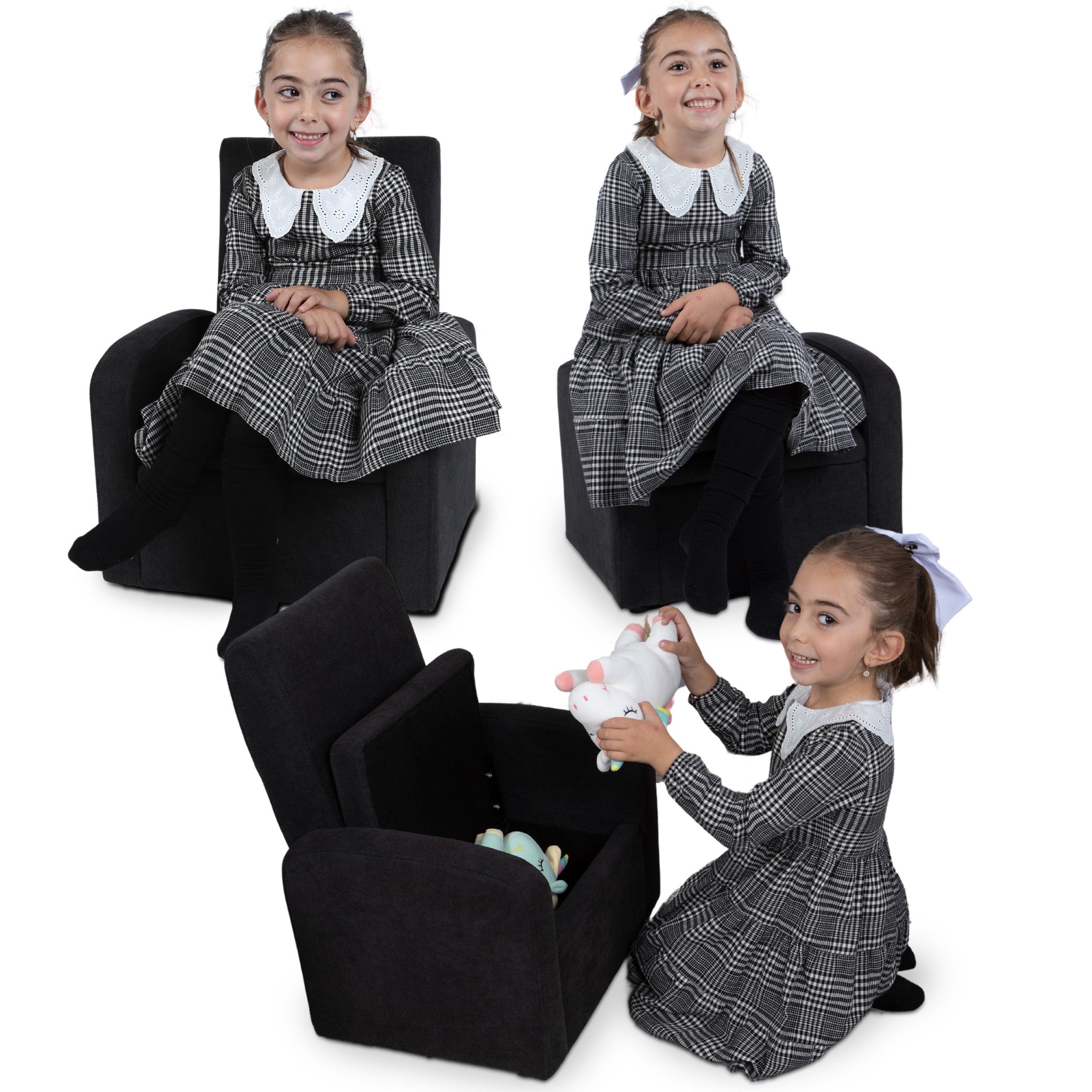 Folding Kids Sofa Chair with Hidden Storage & Ottoman | Black