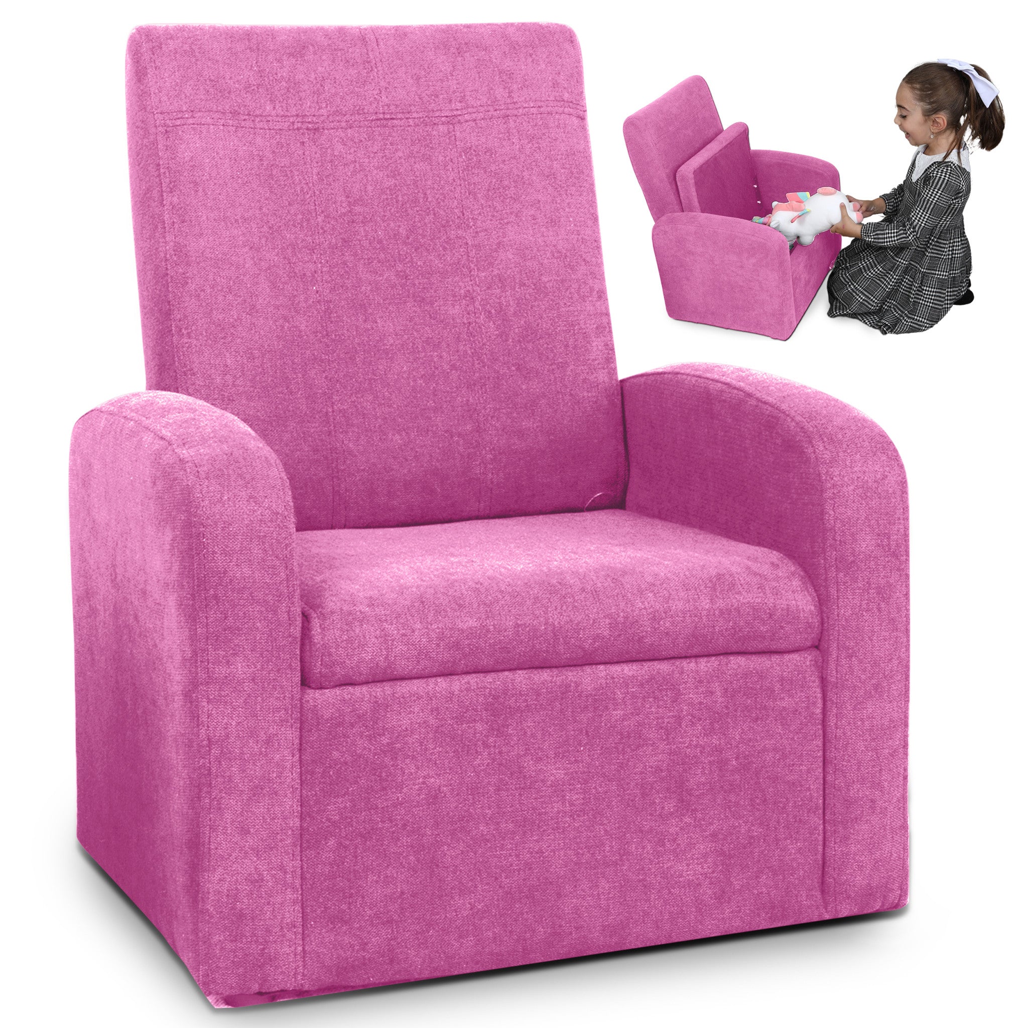 Folding Kids Sofa Chair with Hidden Storage & Ottoman | Pink