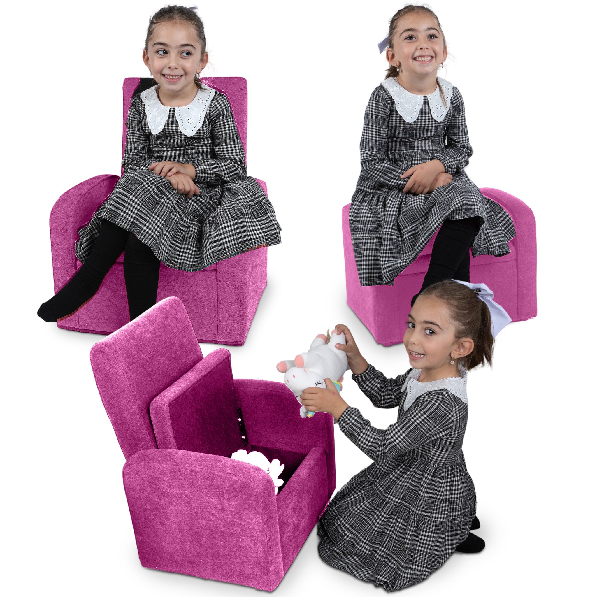 Folding Kids Sofa Chair with Hidden Storage & Ottoman | Pink