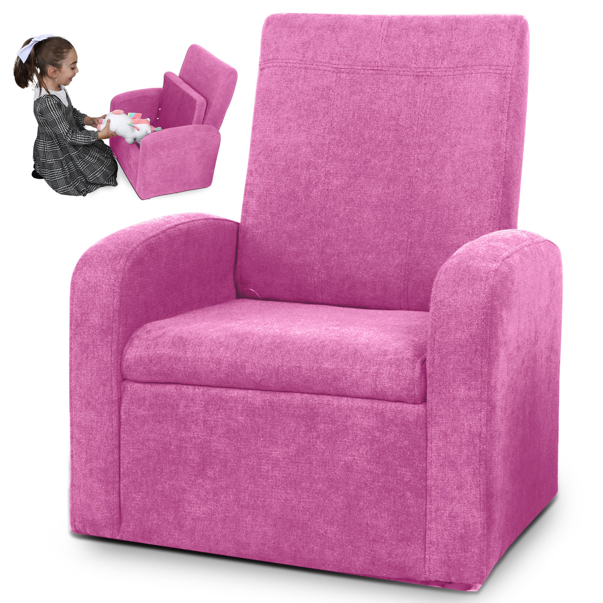 Folding Kids Sofa Chair with Hidden Storage & Ottoman | Pink