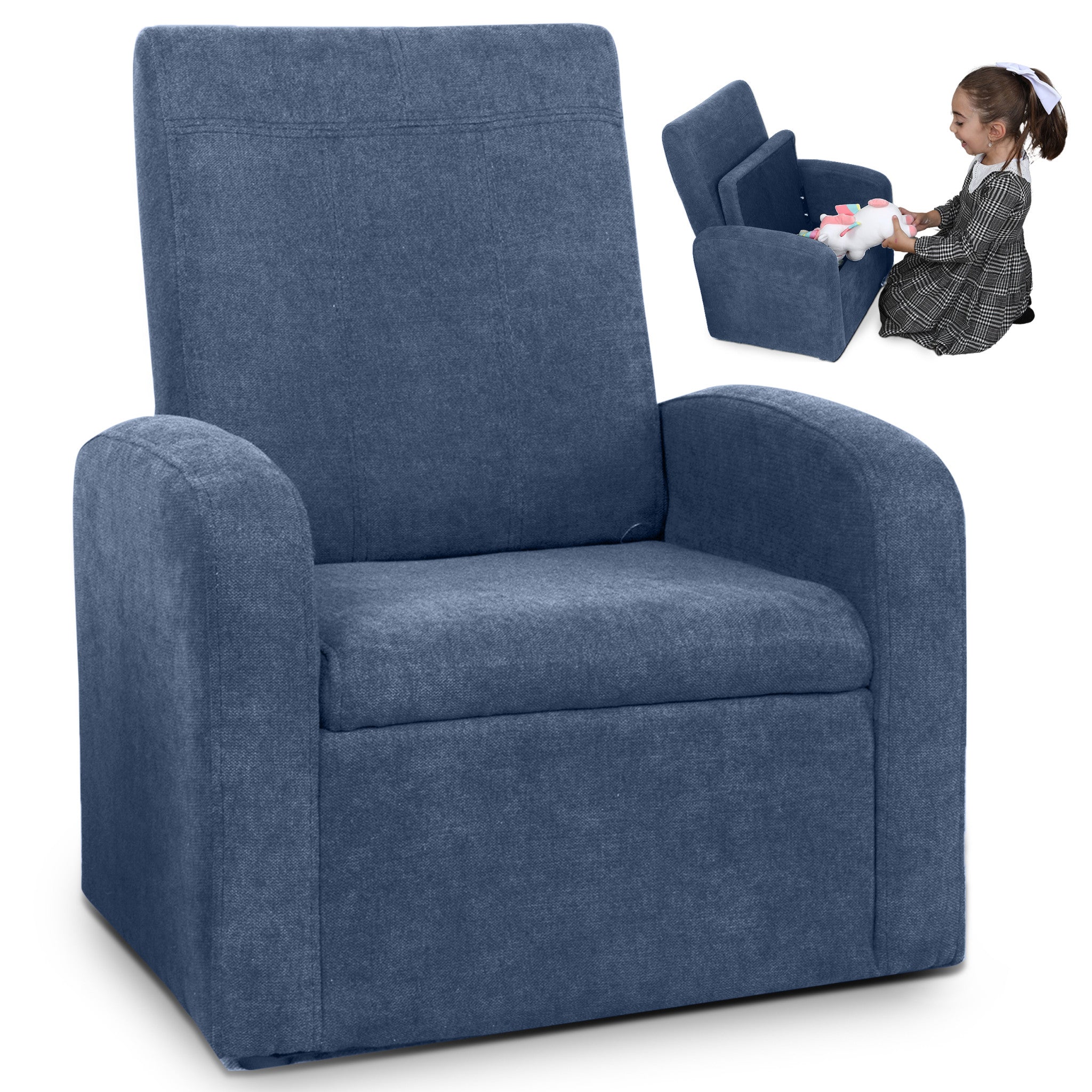 Folding Kids Sofa Chair with Hidden Storage & Ottoman | Blue