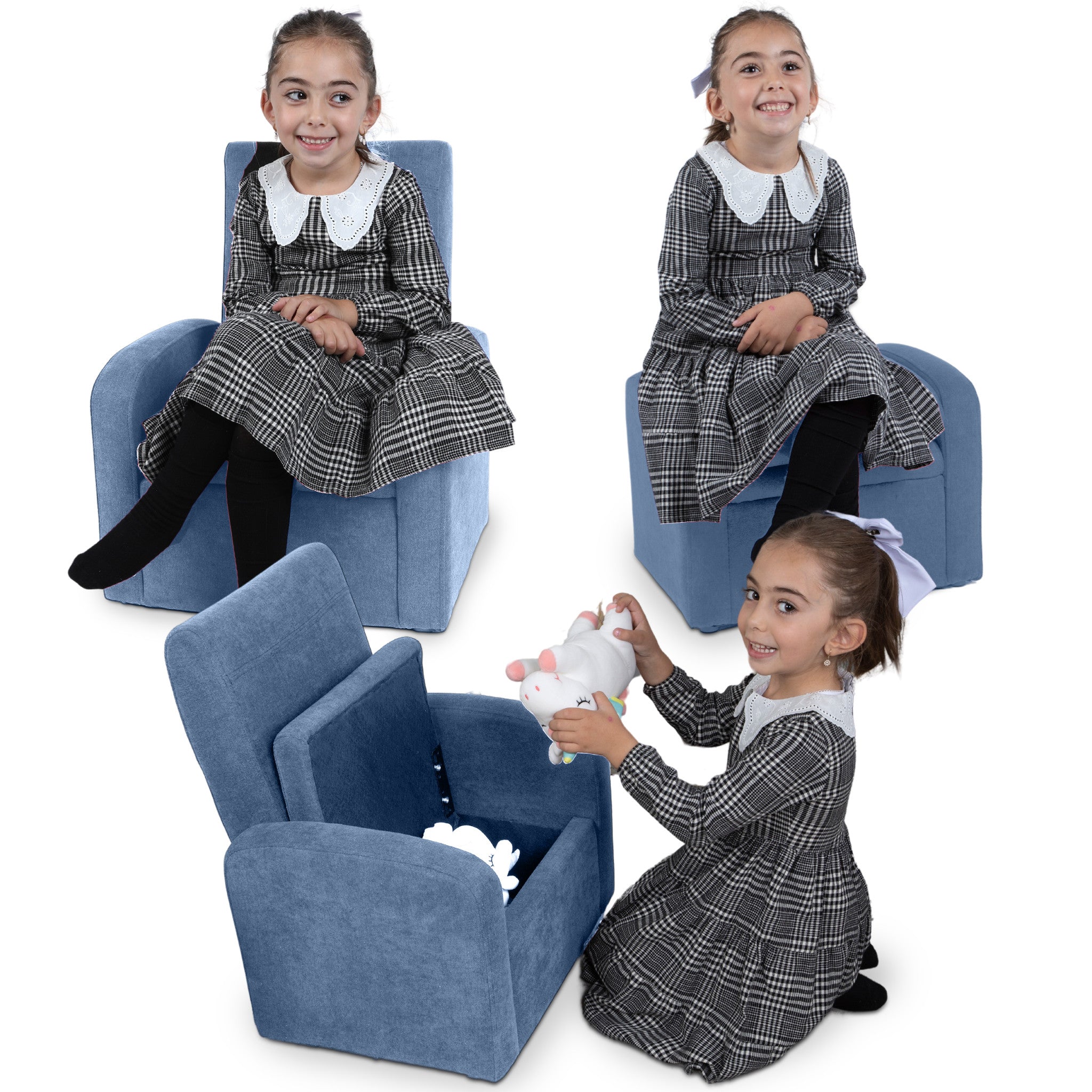 Folding Kids Sofa Chair with Hidden Storage & Ottoman | Blue