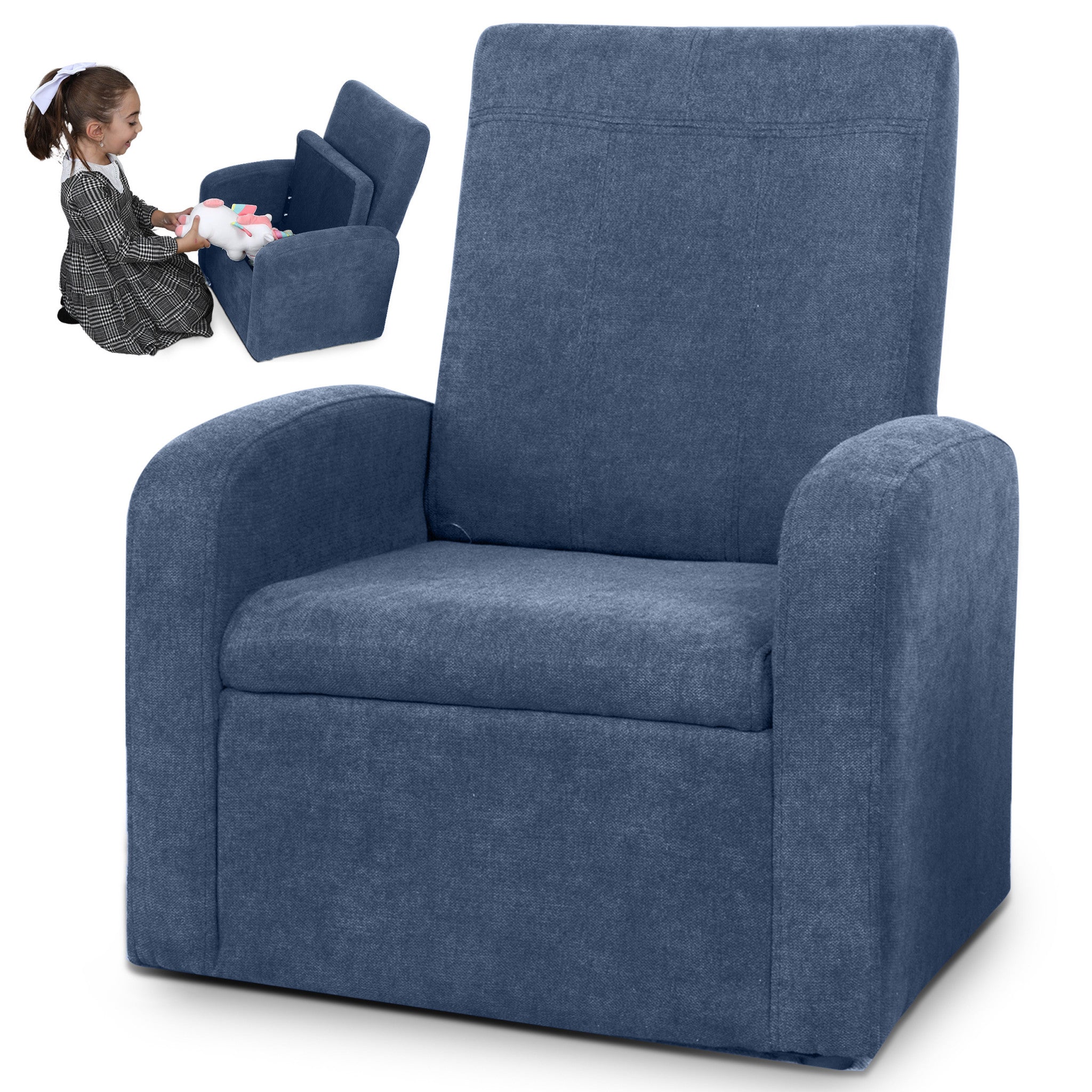 Folding Kids Sofa Chair with Hidden Storage & Ottoman | Blue