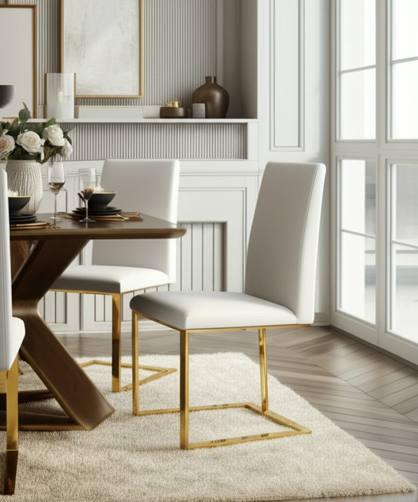 White & Gold Upholstered Faux Leather Dining Side Chair