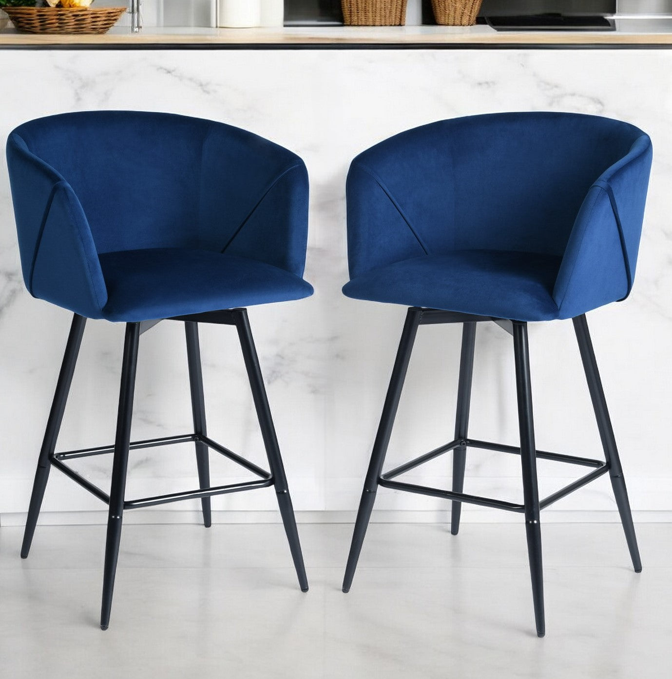 Blue & Black Velvet and Steel Low-Back Bar Height Chairs | Set of Two