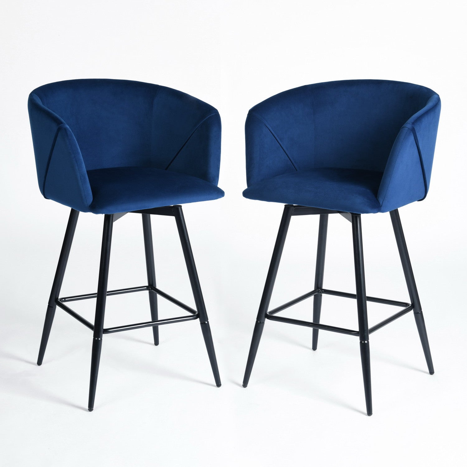 Blue & Black Velvet and Steel Low-Back Bar Height Chairs | Set of Two