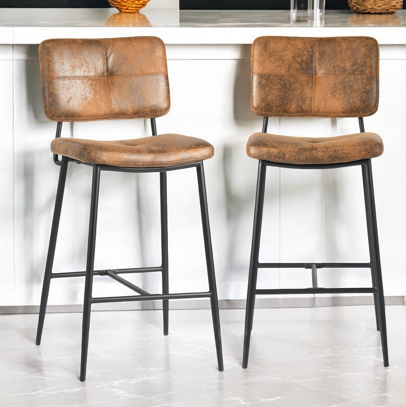 Vintage Brown Faux Leather & Black Steel Low-Back Bar Height Chairs | Set of Two