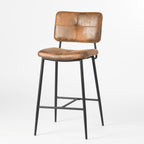 Vintage Brown Faux Leather & Black Steel Low-Back Bar Height Chairs | Set of Two