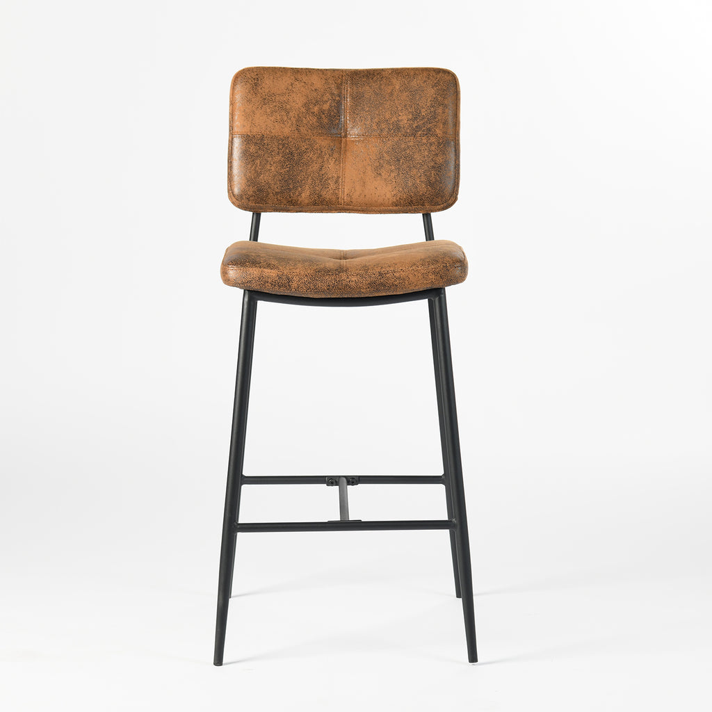 Vintage Brown Faux Leather & Black Steel Low-Back Bar Height Chairs | Set of Two