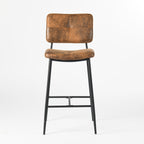 Vintage Brown Faux Leather & Black Steel Low-Back Bar Height Chairs | Set of Two
