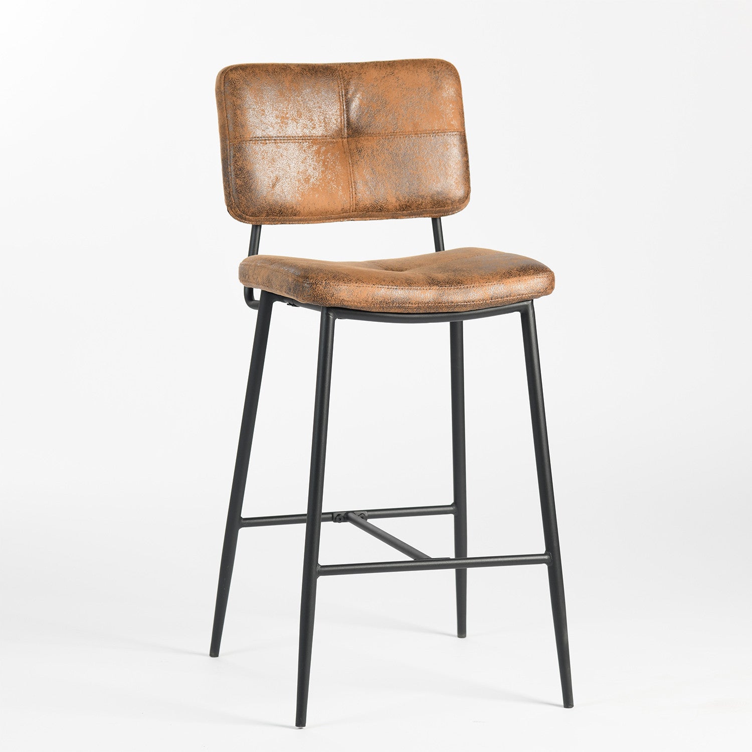 Vintage Brown Faux Leather & Black Steel Low-Back Bar Height Chairs | Set of Two
