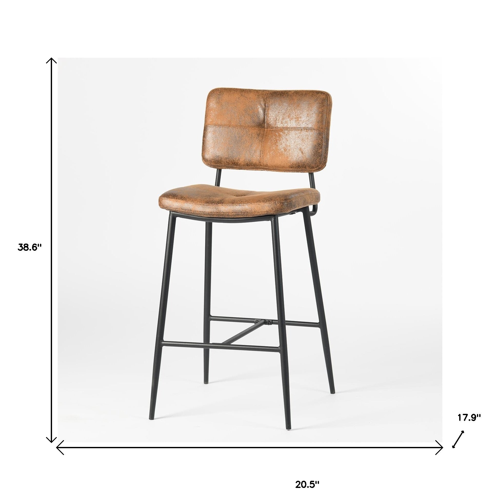 Vintage Brown Faux Leather & Black Steel Low-Back Bar Height Chairs | Set of Two