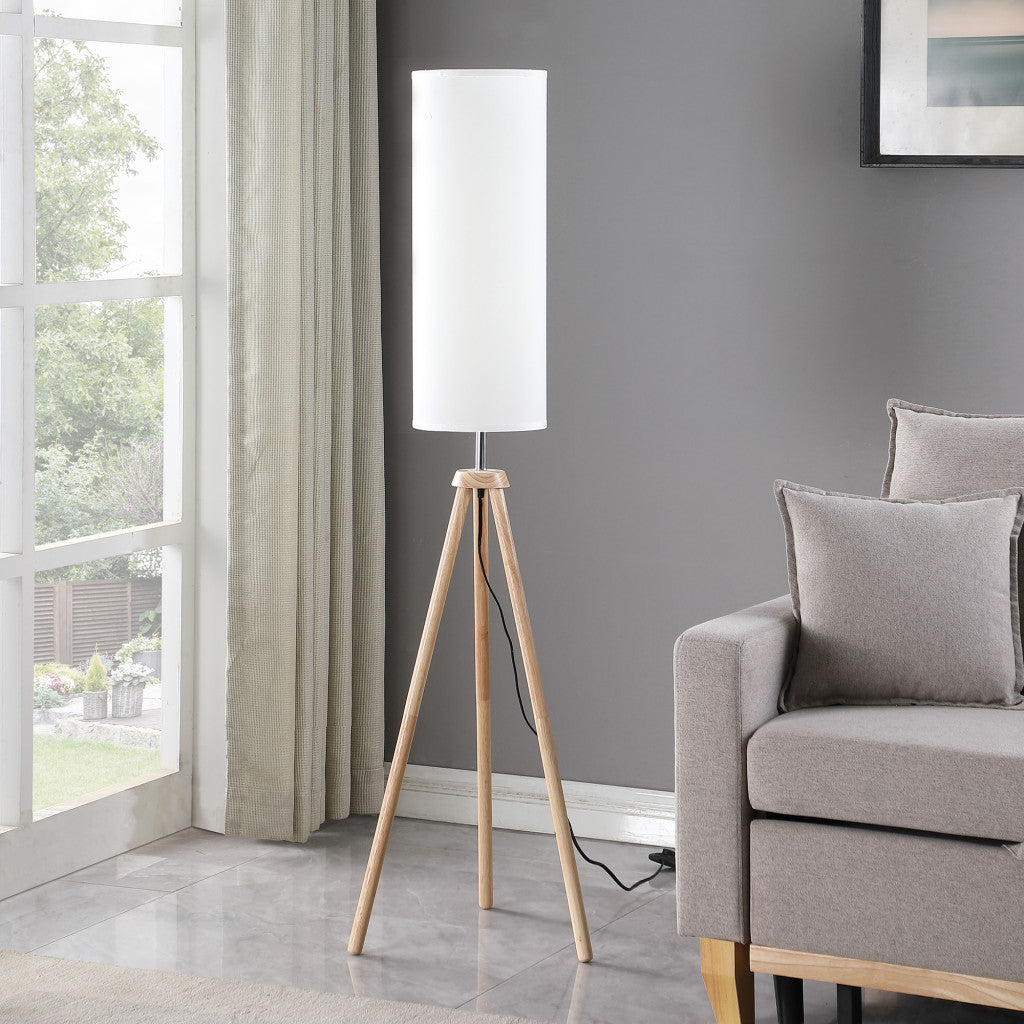 58″ Wood-Look Tripod Floor Lamp with White Shade
