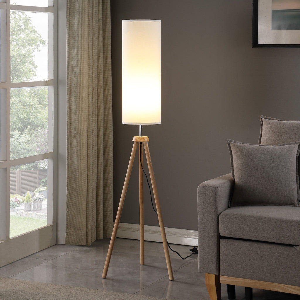 58″ Wood-Look Tripod Floor Lamp with White Shade