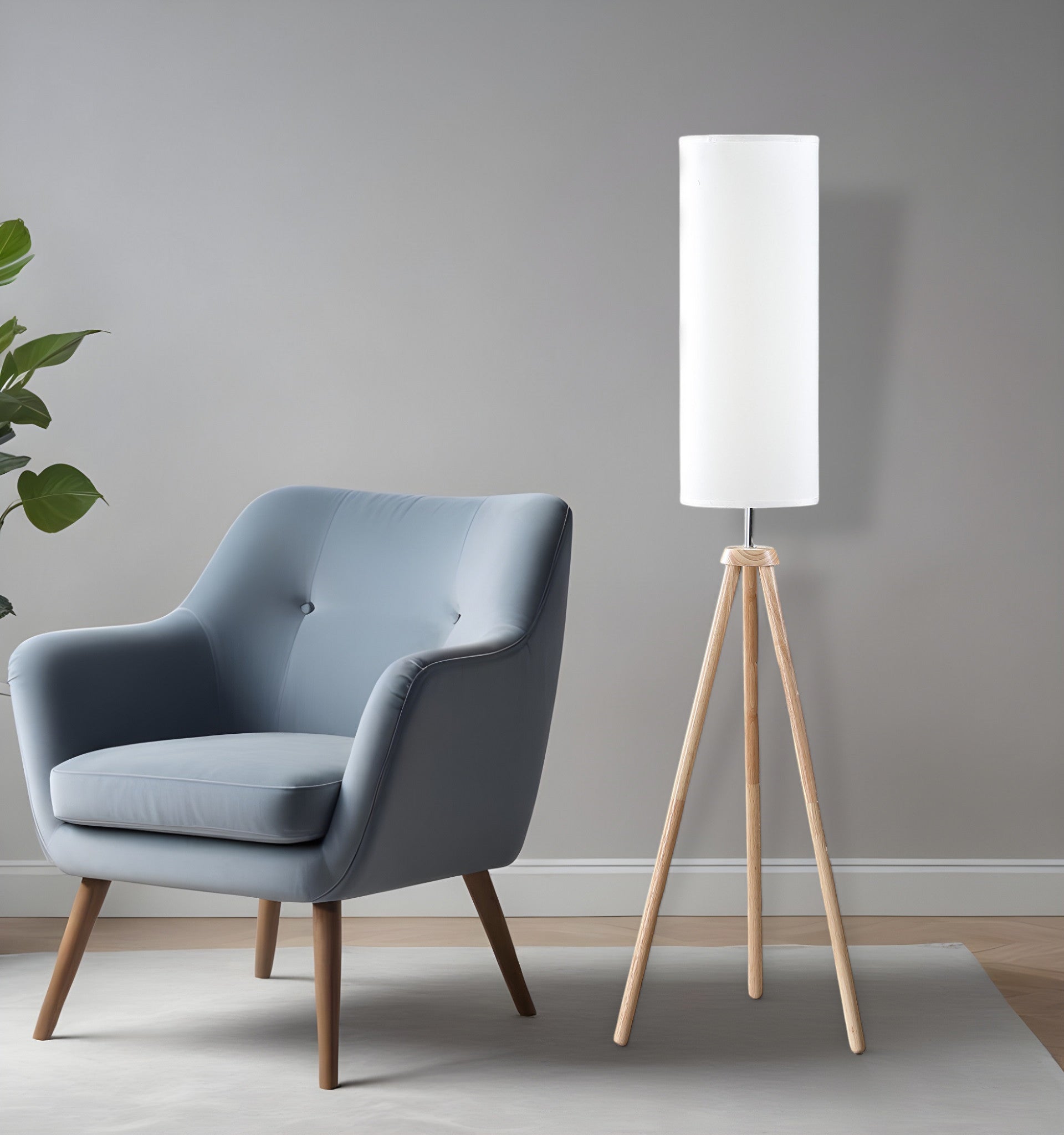 58″ Wood-Look Tripod Floor Lamp with White Shade