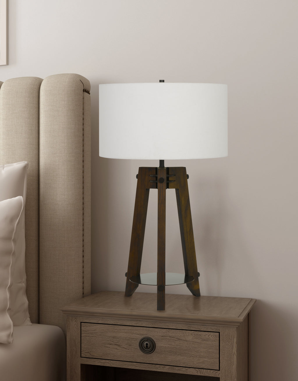 32″ Brown Tripod Table Lamp with Off-White Shade