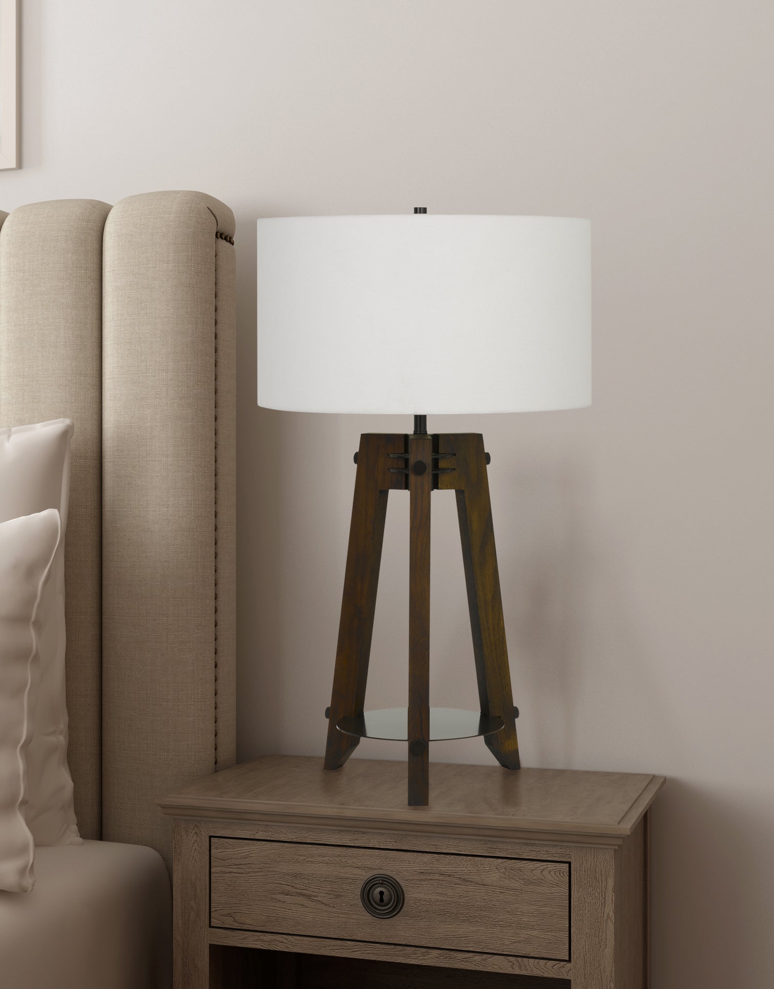 32″ Brown Tripod Table Lamp with Off-White Shade