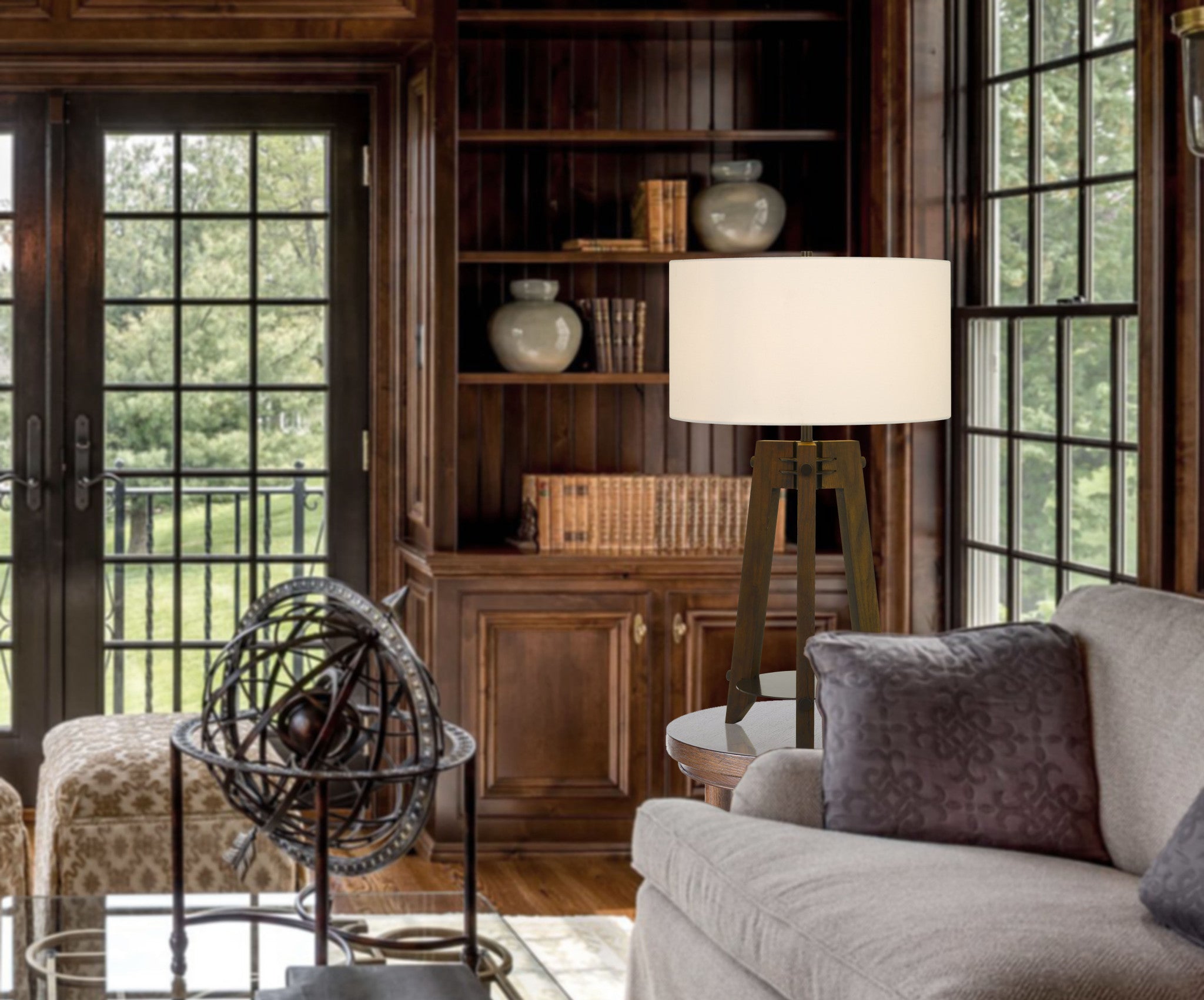 32″ Brown Tripod Table Lamp with Off-White Shade
