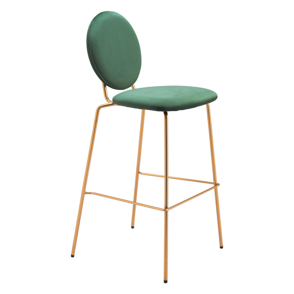 30" Green & Gold Velvet and Steel Bar-Height Chairs | Set of Two