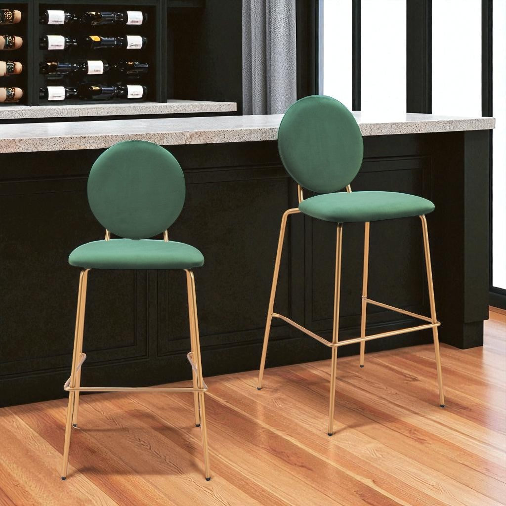 30" Green & Gold Velvet and Steel Bar-Height Chairs | Set of Two