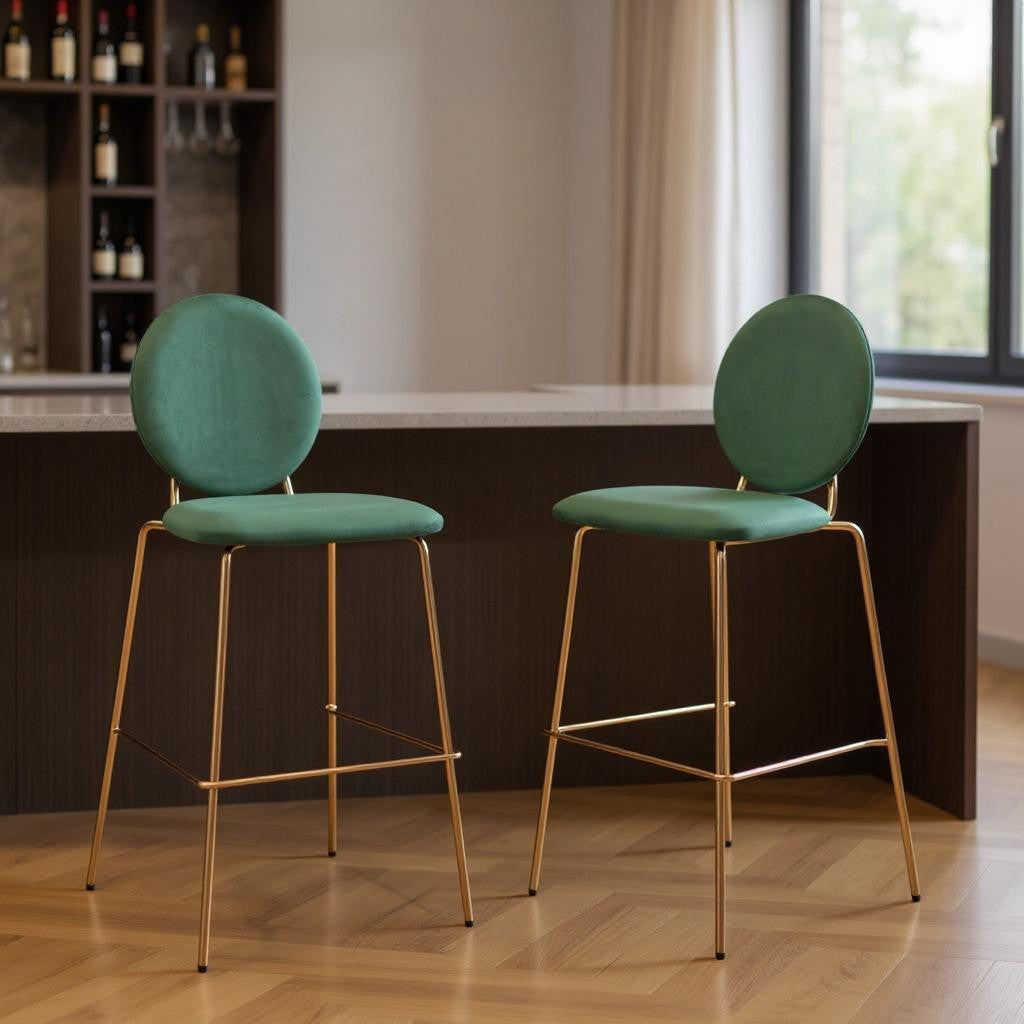30" Green & Gold Velvet and Steel Bar-Height Chairs | Set of Two