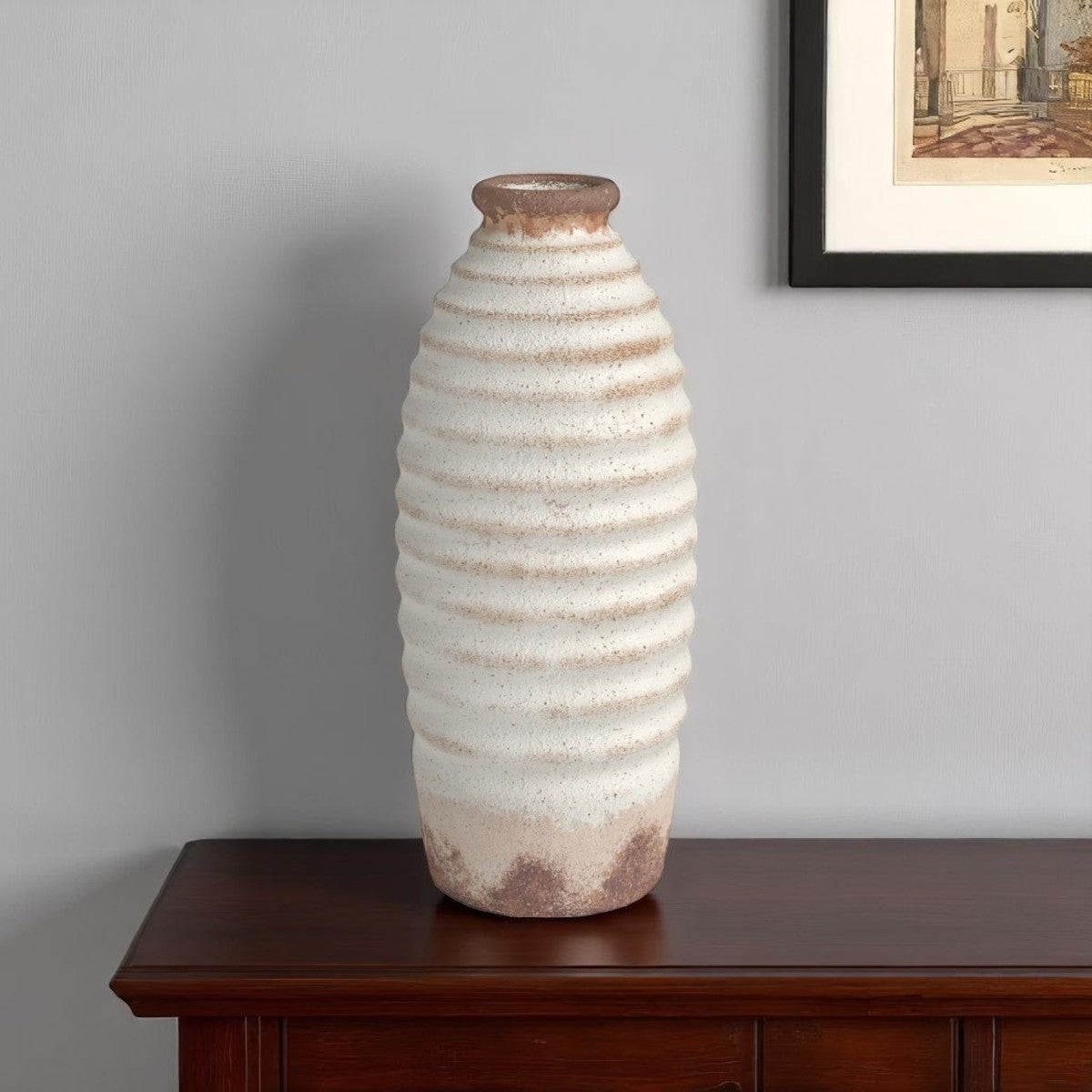 11" Ivory & Brown Round Ceramic Table Vase