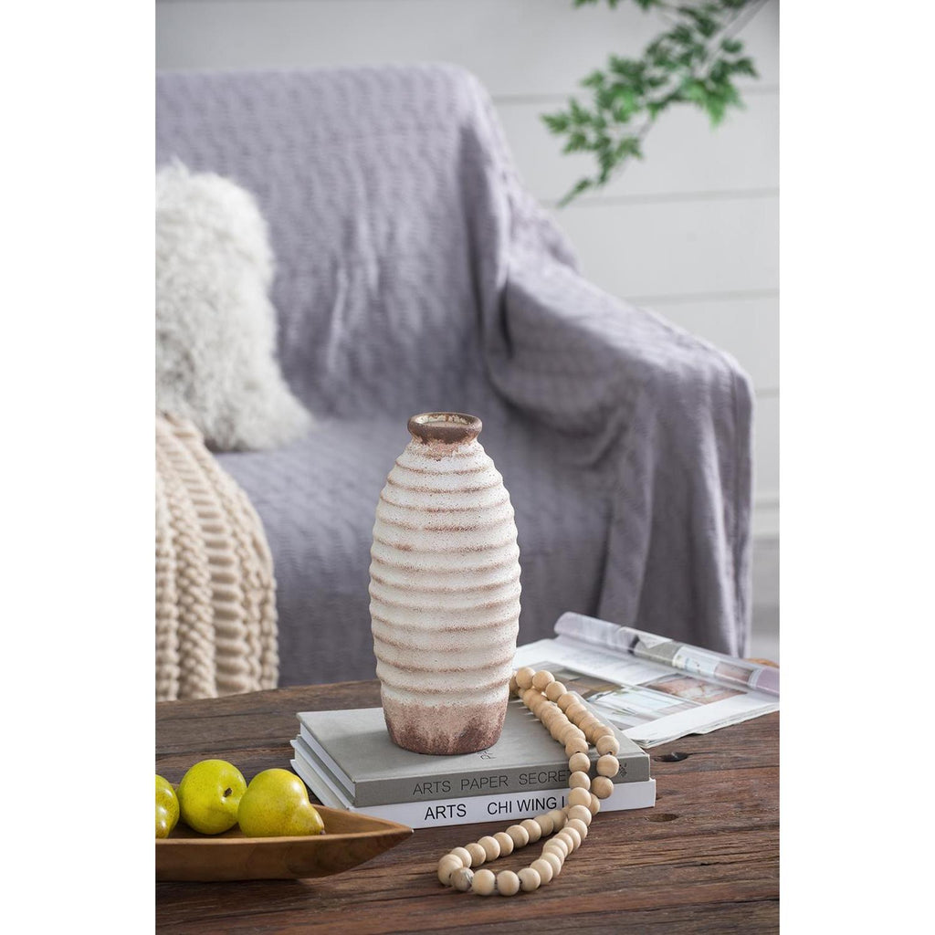 11" Ivory & Brown Round Ceramic Table Vase