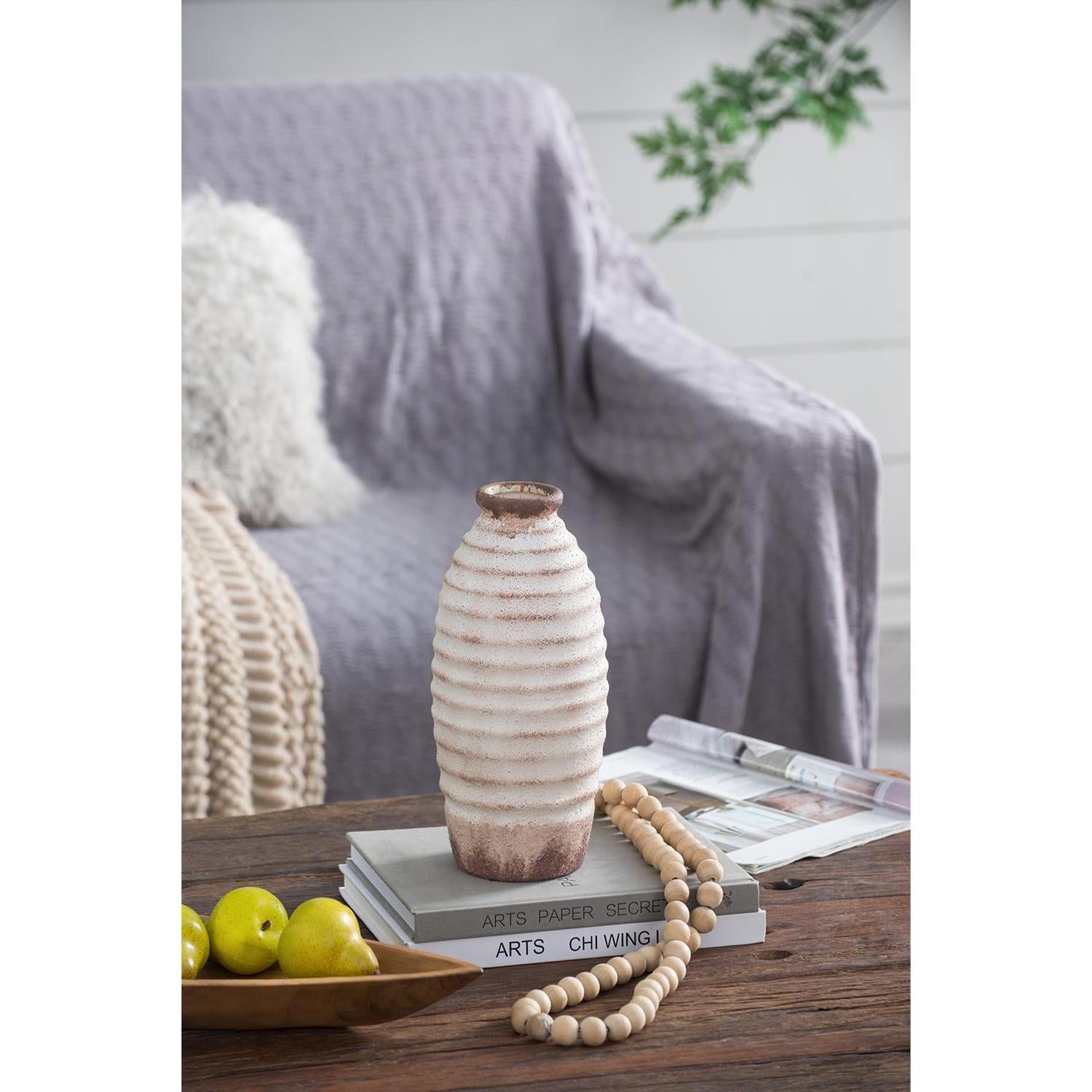 11" Ivory & Brown Round Ceramic Table Vase