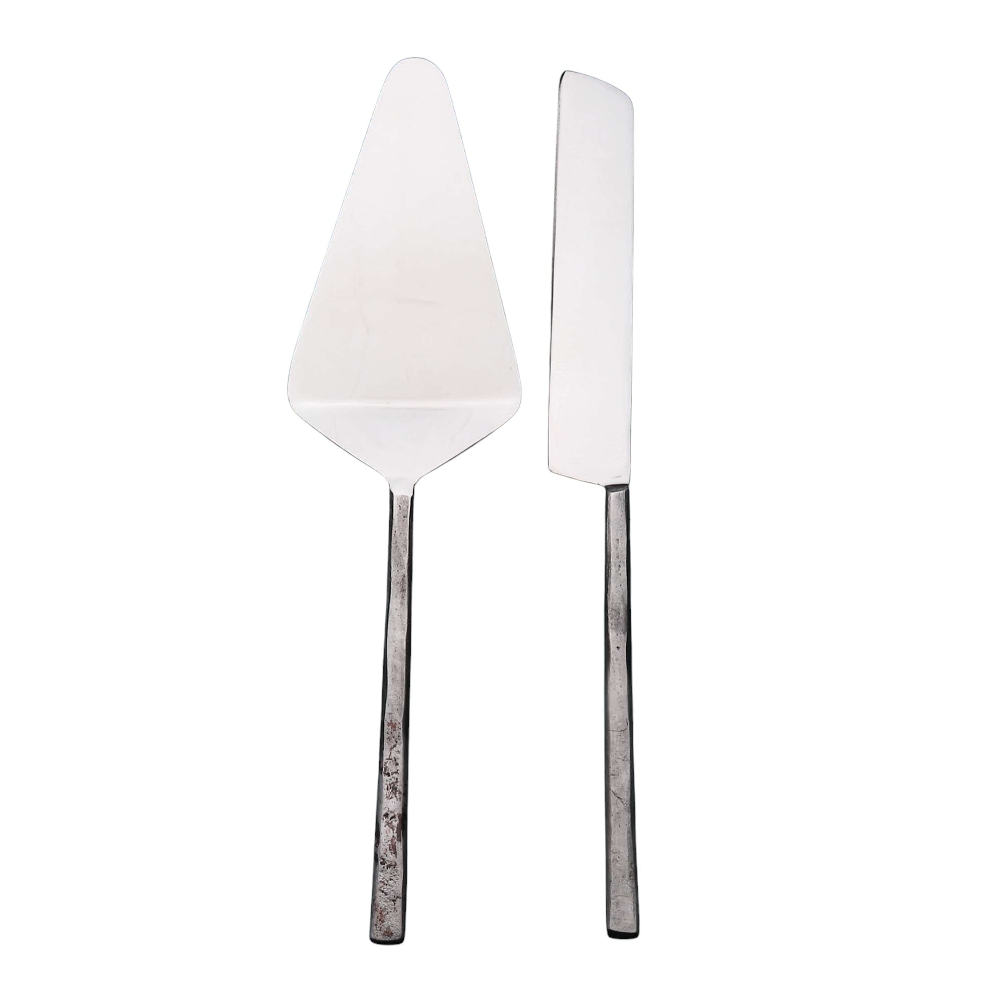Hammered Silver Stainless Steel Hand Forged Cake Knife | Two Piece