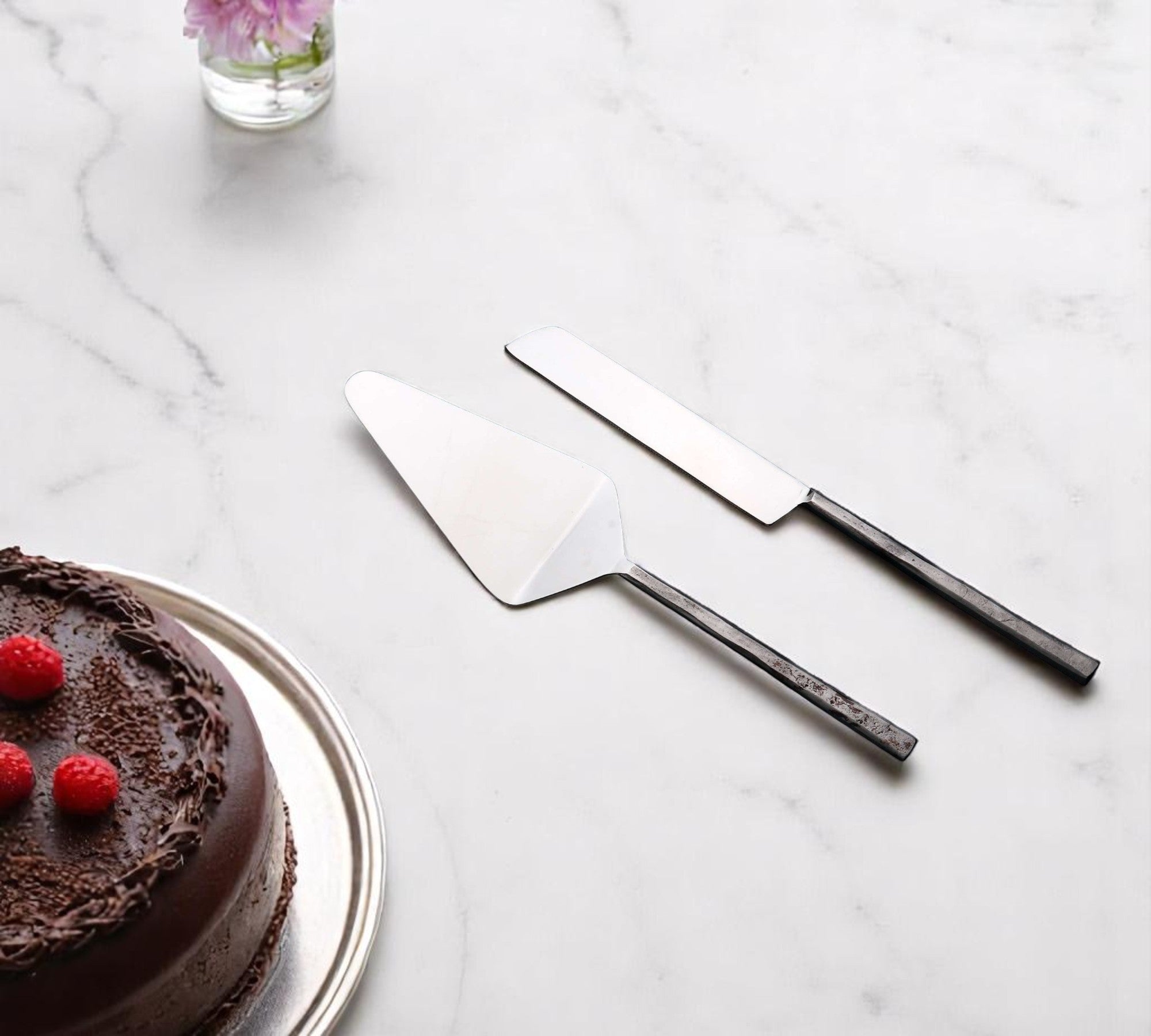 Hammered Silver Stainless Steel Hand Forged Cake Knife | Two Piece