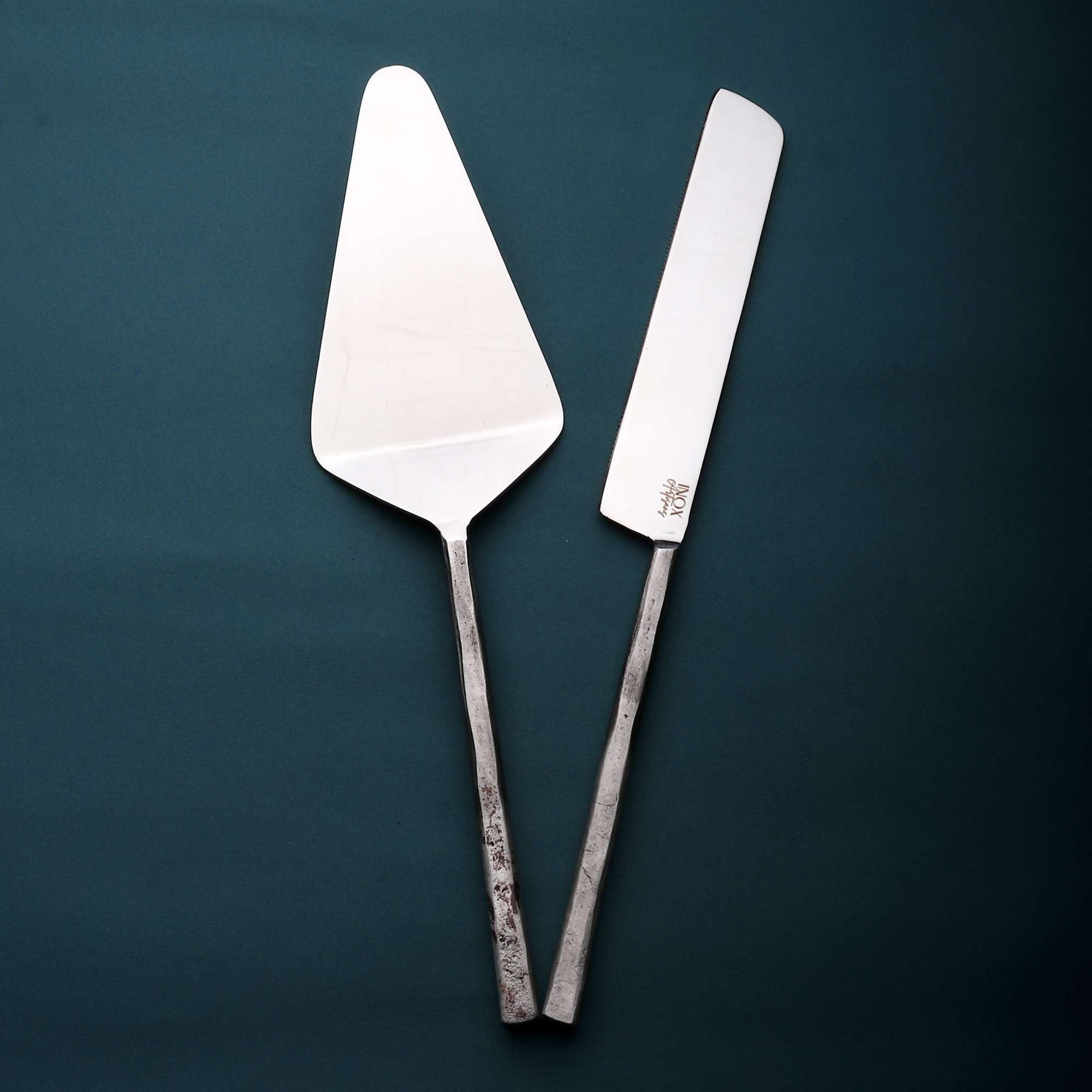 Hammered Silver Stainless Steel Hand Forged Cake Knife | Two Piece