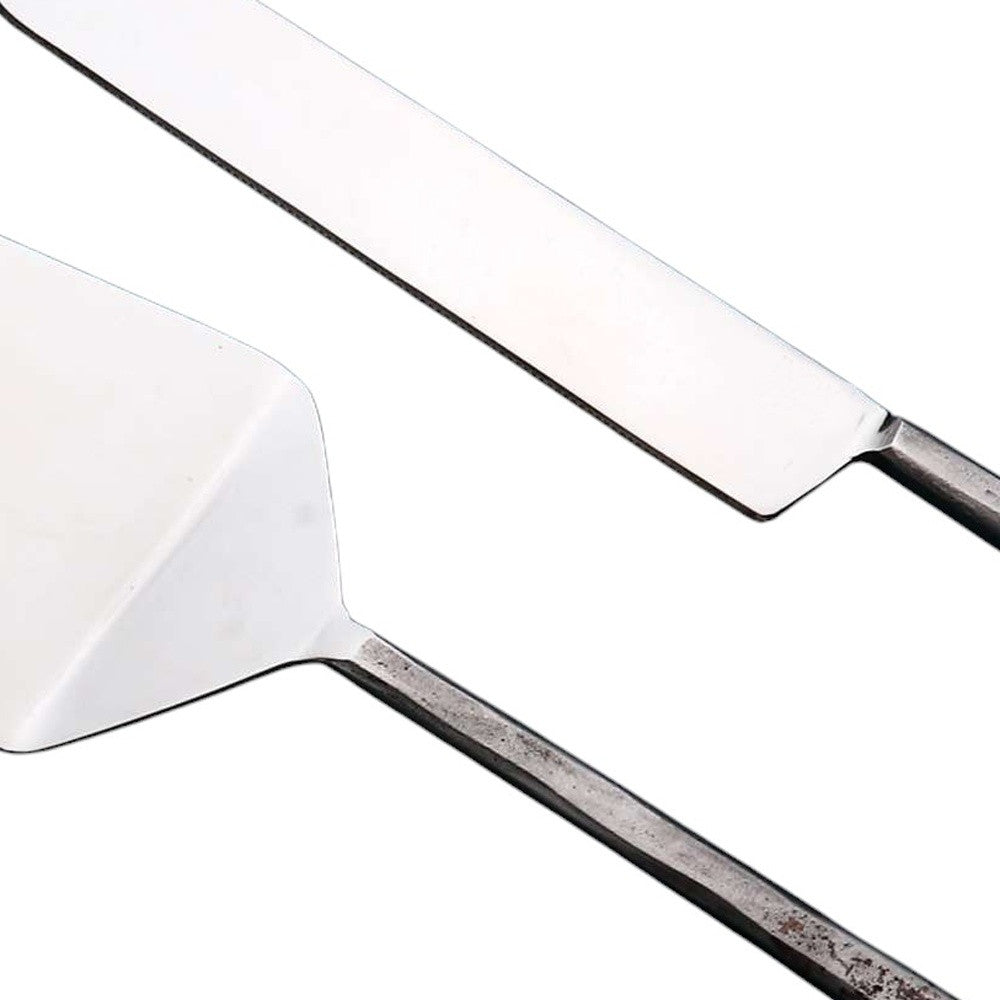 Hammered Silver Stainless Steel Hand Forged Cake Knife | Two Piece