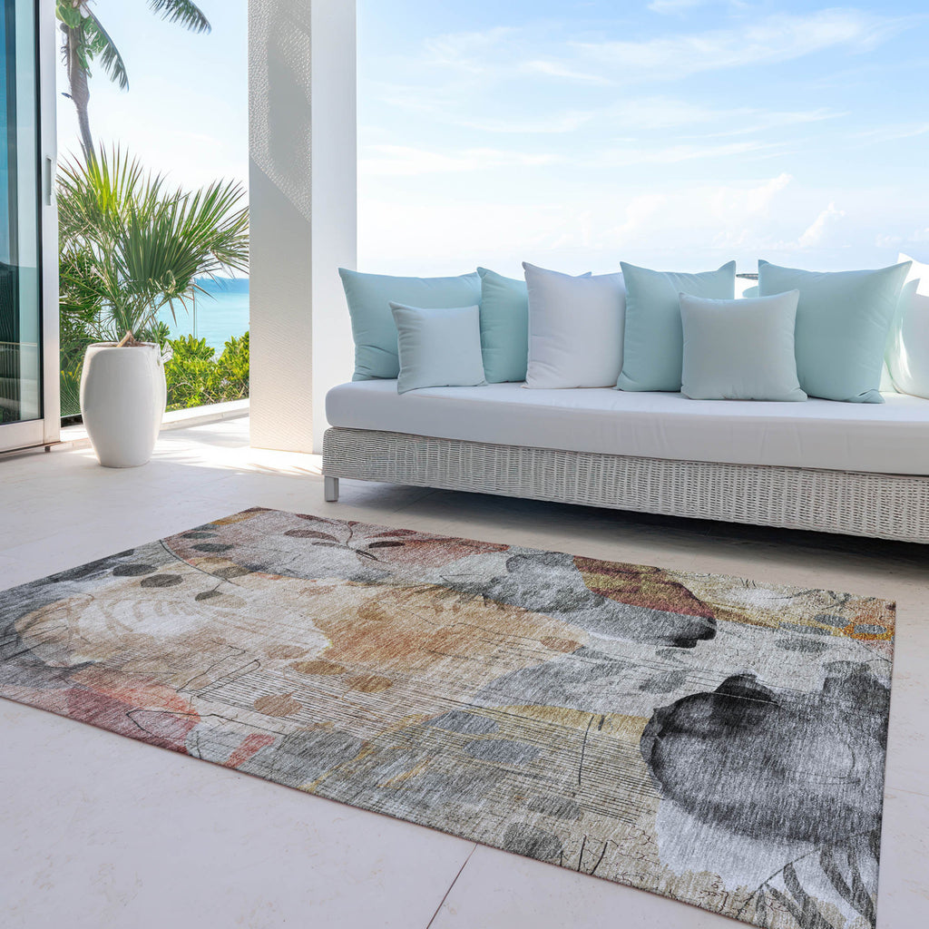 9' x 12' Terra Cotta Floral Washable Indoor/Outdoor Area Rug
