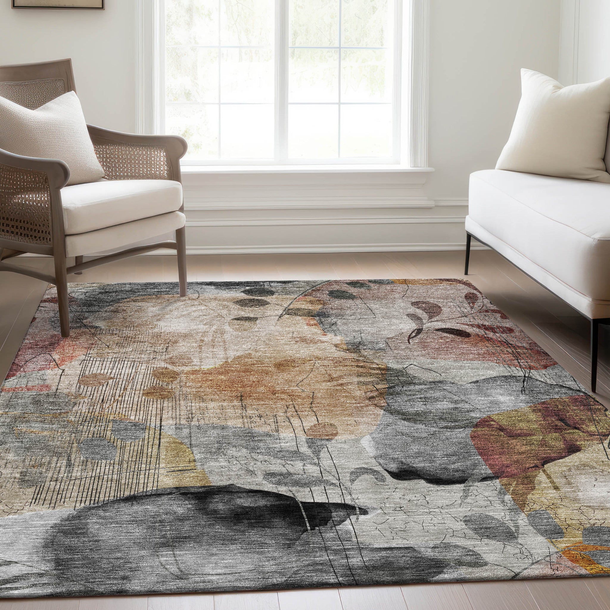 9' x 12' Terra Cotta Floral Washable Indoor/Outdoor Area Rug