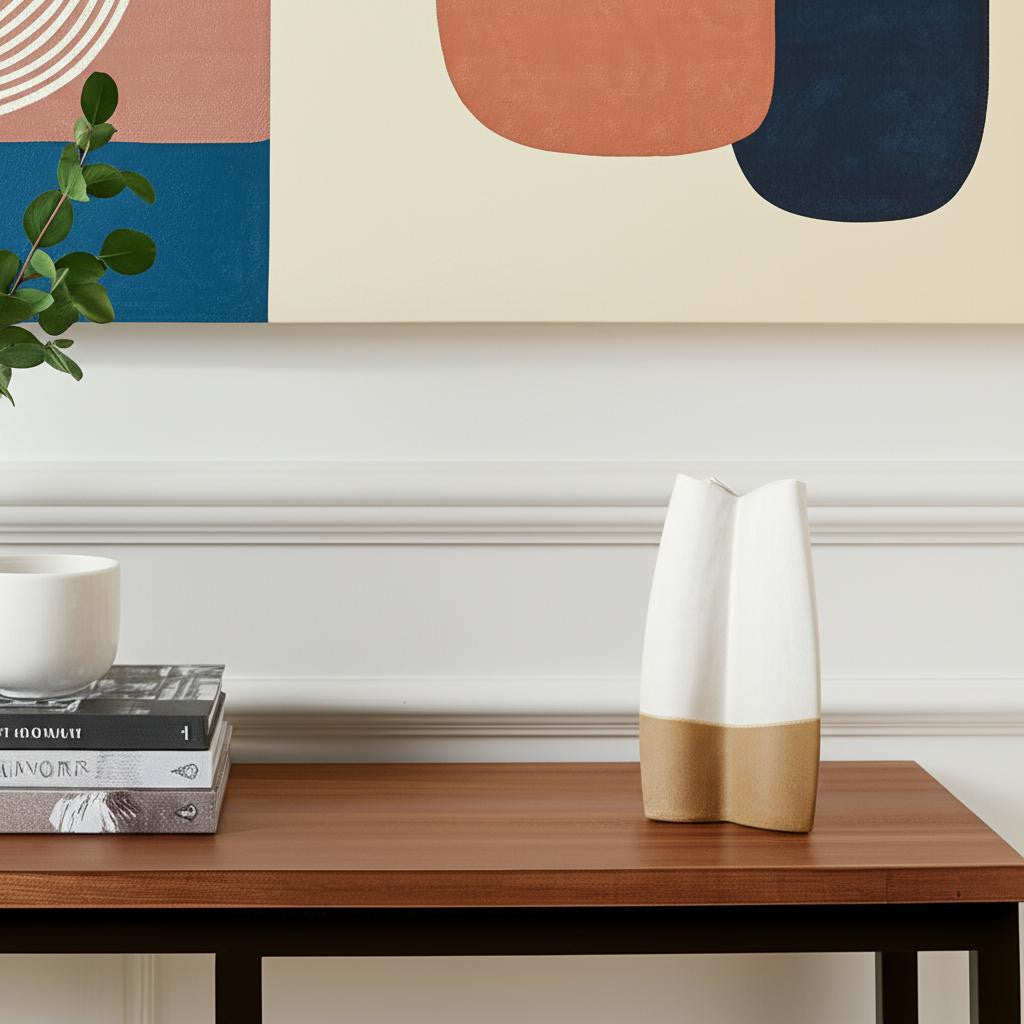 14" White & Beige Ceramic Table Vase