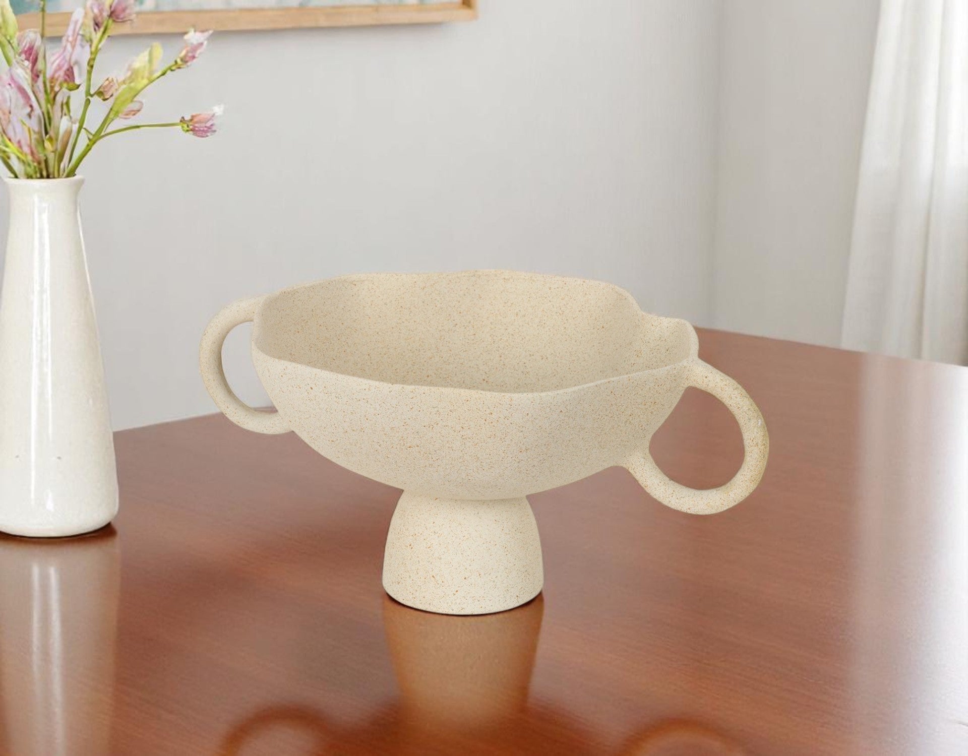 11" Beige Cast Aluminum Round Pedestal Centerpiece Bowl