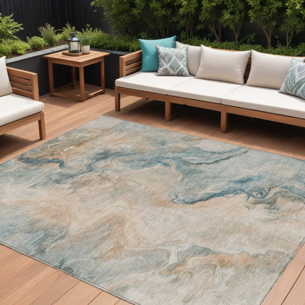 8′ × 10′ Teal Blue, Coral & Ivory Abstract Washable Indoor/Outdoor Area Rug