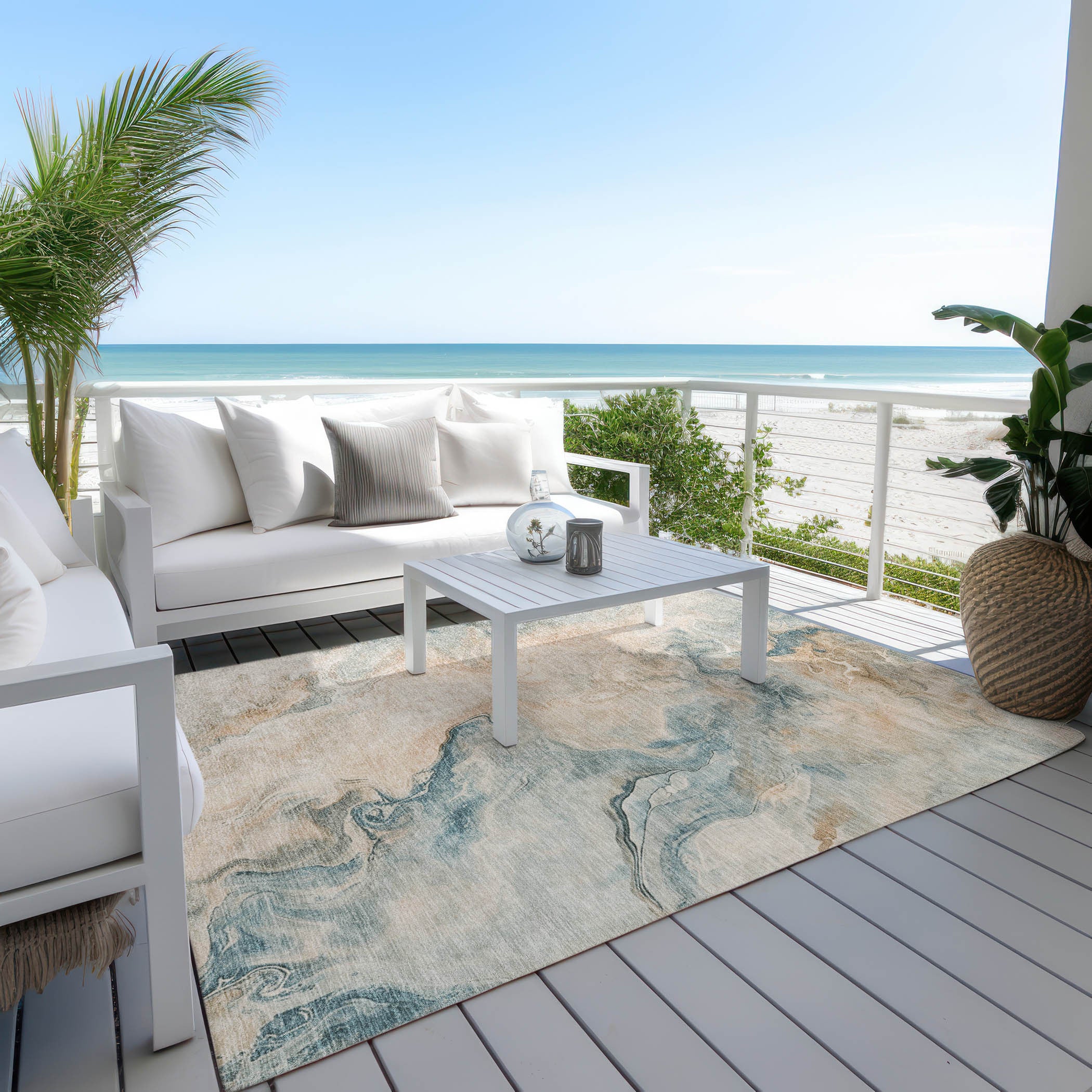 8′ × 10′ Teal Blue, Coral & Ivory Abstract Washable Indoor/Outdoor Area Rug