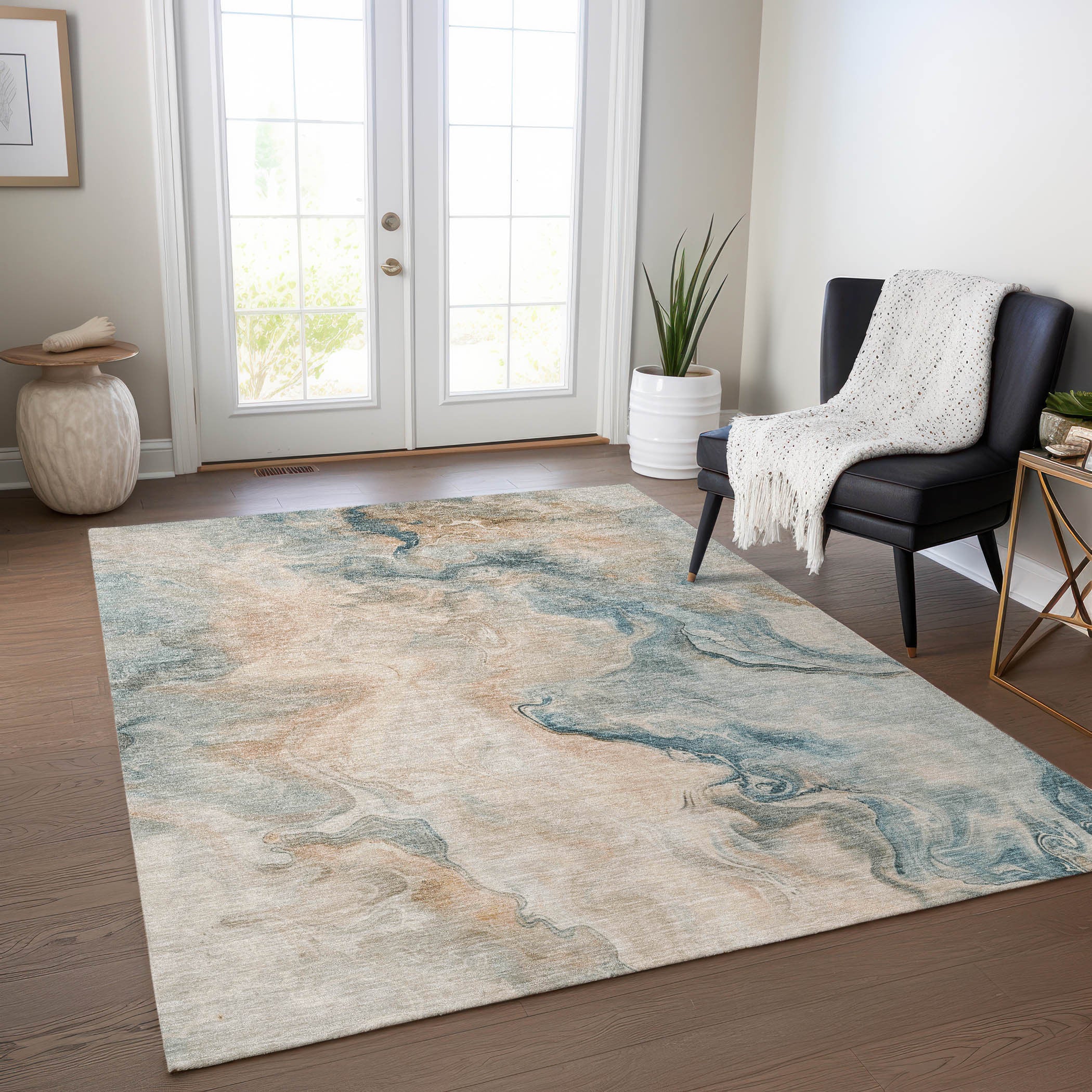 8′ × 10′ Teal Blue, Coral & Ivory Abstract Washable Indoor/Outdoor Area Rug