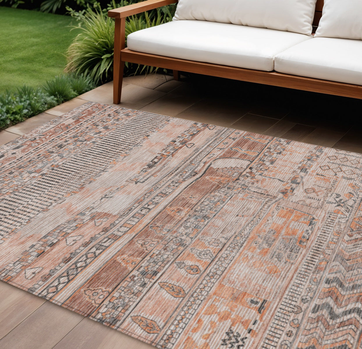 8' x 10' Terra Cotta & Gray Striped Washable Indoor/Outdoor Area Rug