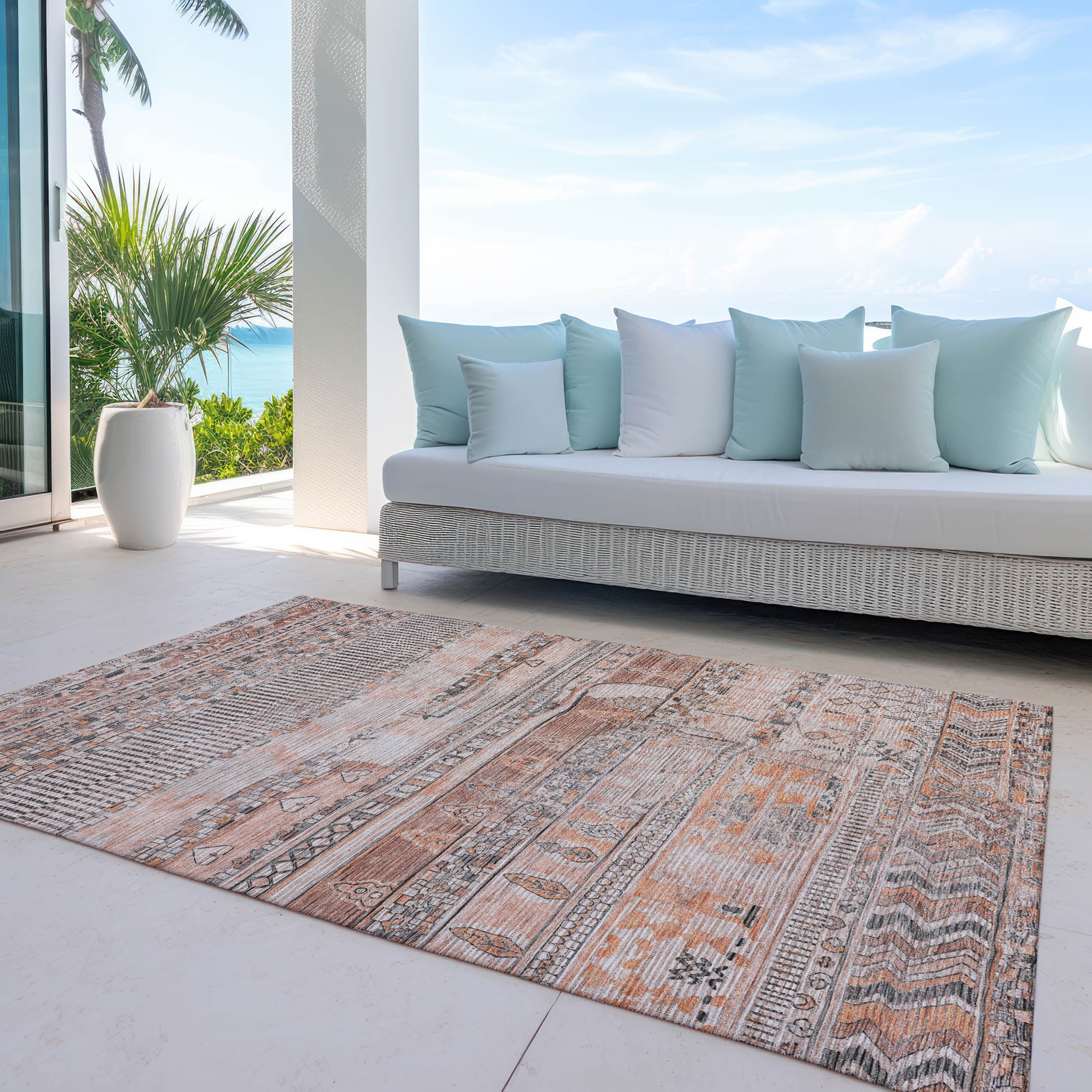 8' x 10' Terra Cotta & Gray Striped Washable Indoor/Outdoor Area Rug