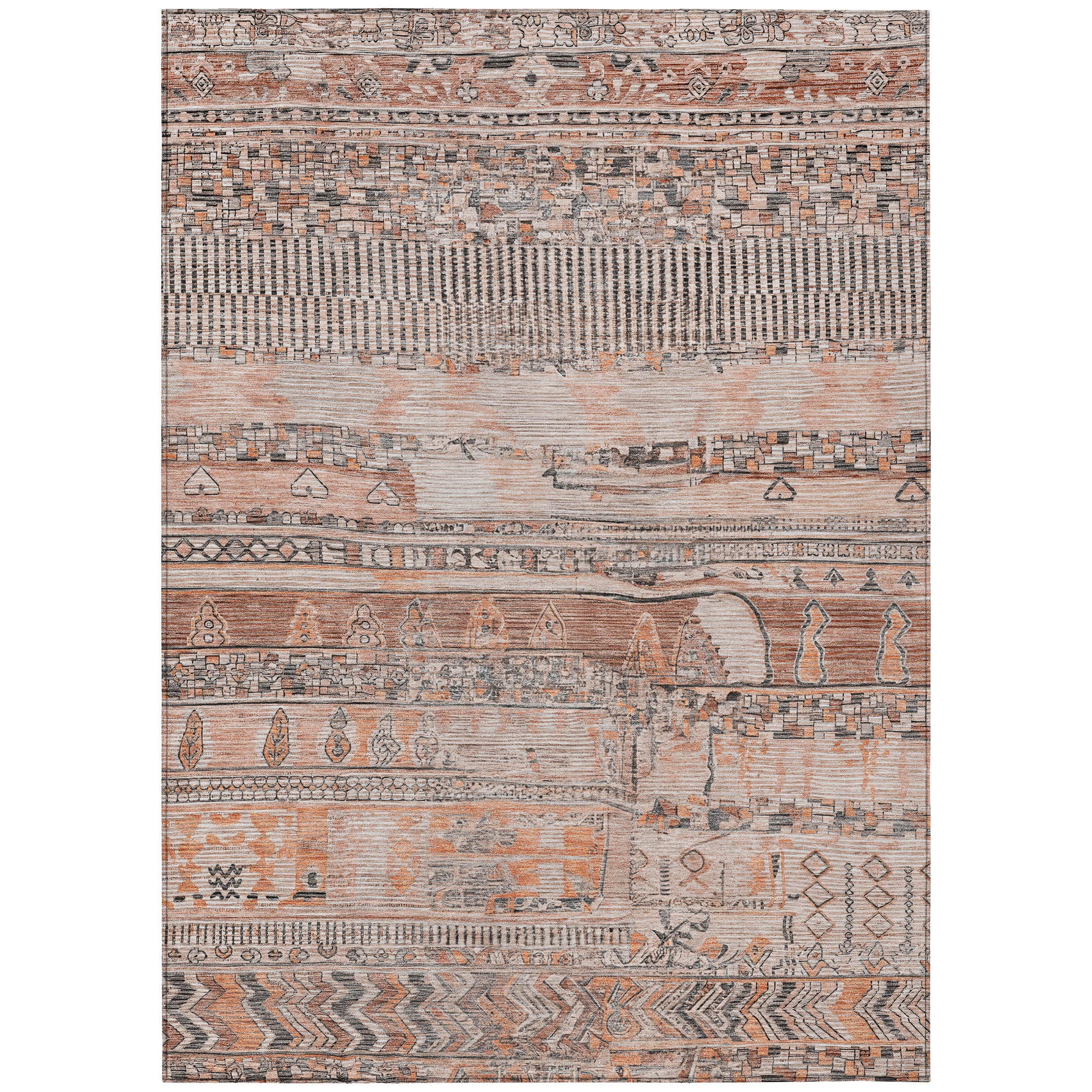 8' x 10' Terra Cotta & Gray Striped Washable Indoor/Outdoor Area Rug
